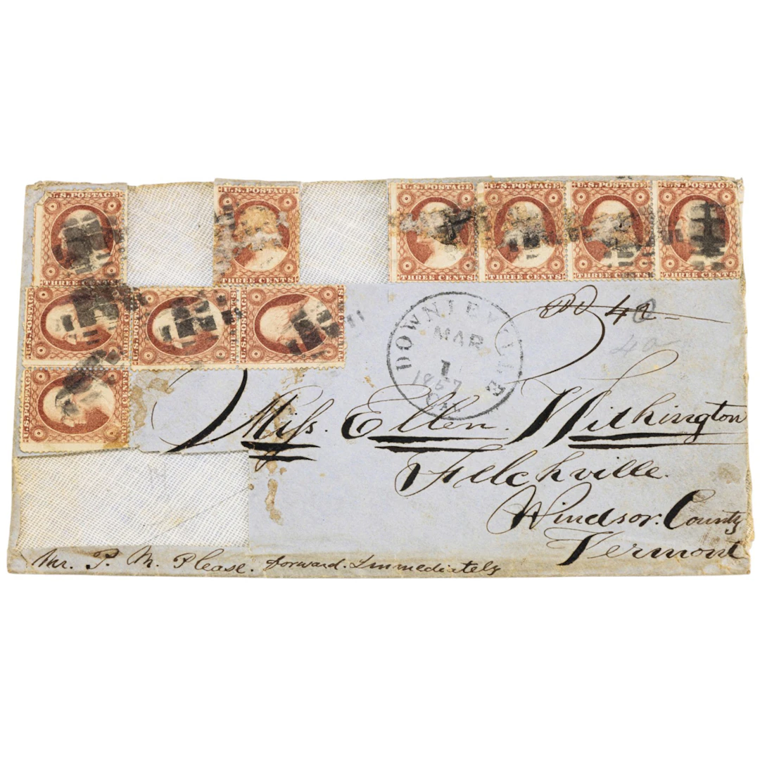 An envelope with ten 3-cent George Washington stamps