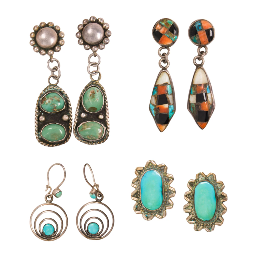 Four pairs of turquoise Native American earrings