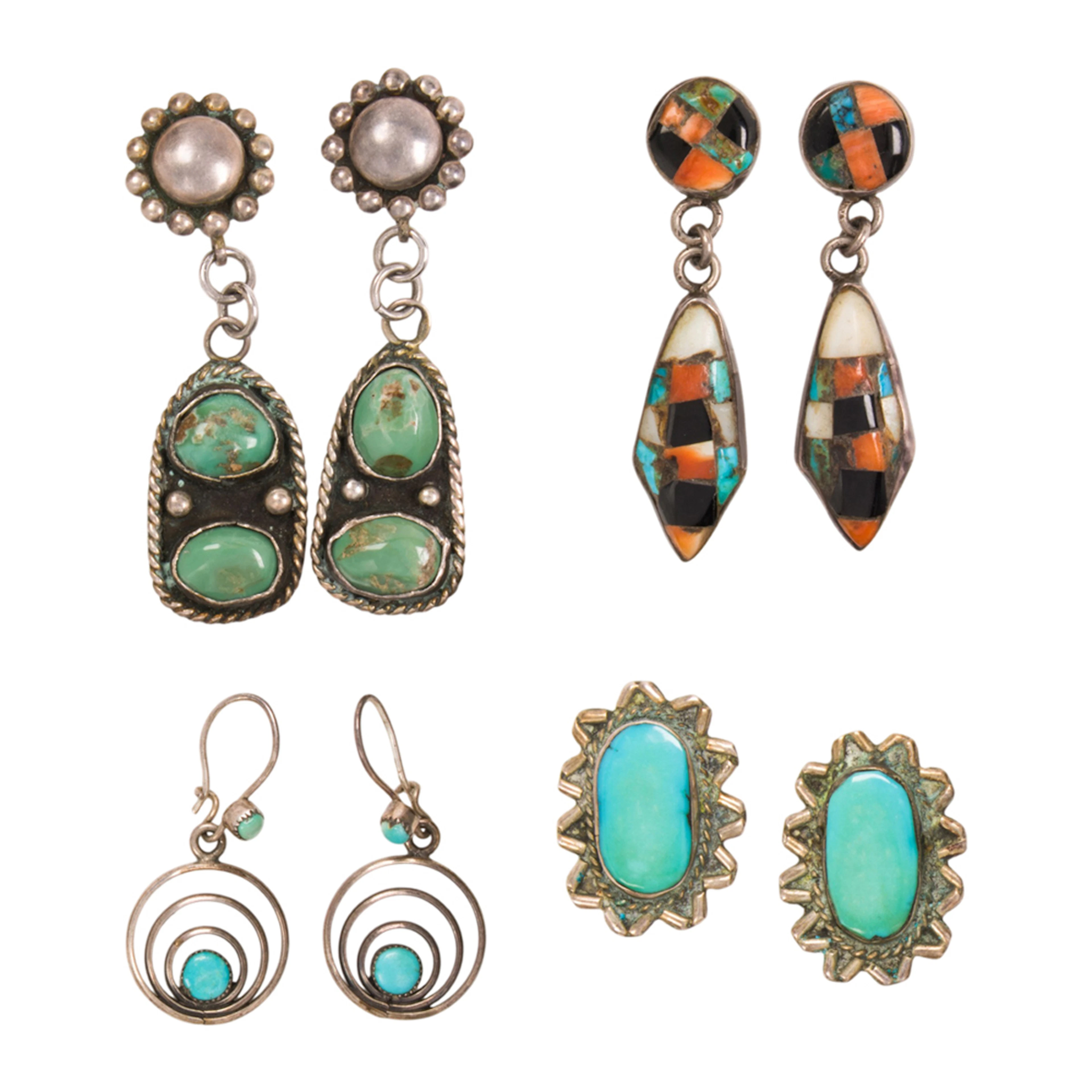 Four pairs of turquoise Native American earrings