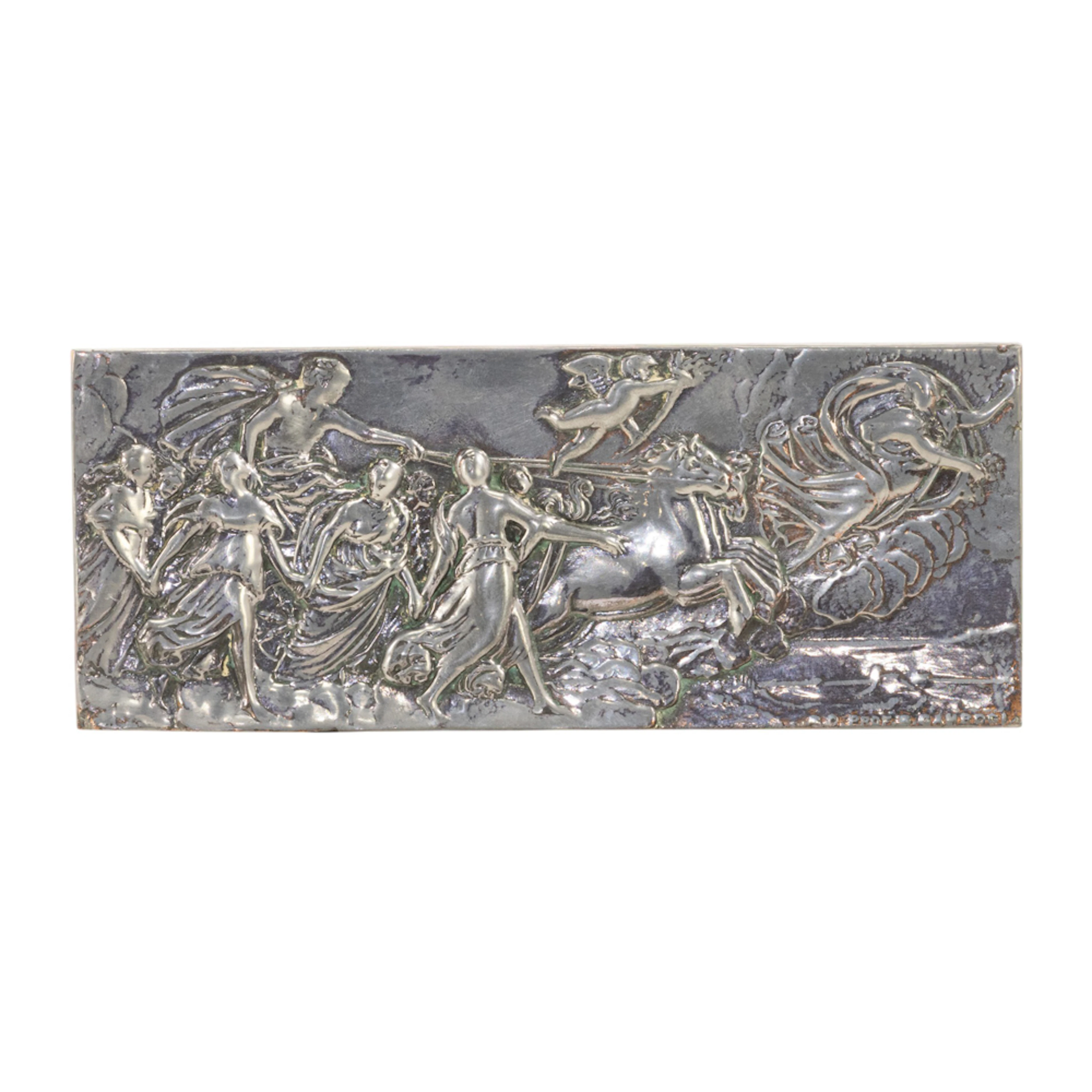 An Italian silvered metal relief plaque depicting Apollo driving his chariot