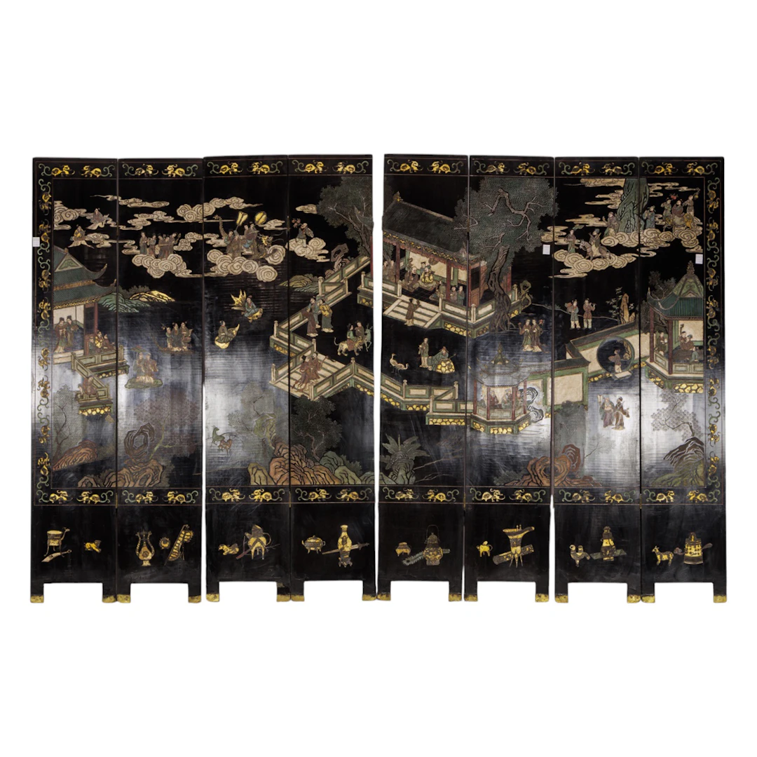 A Chinese eight-panel back lacquer coromandel style folding screen