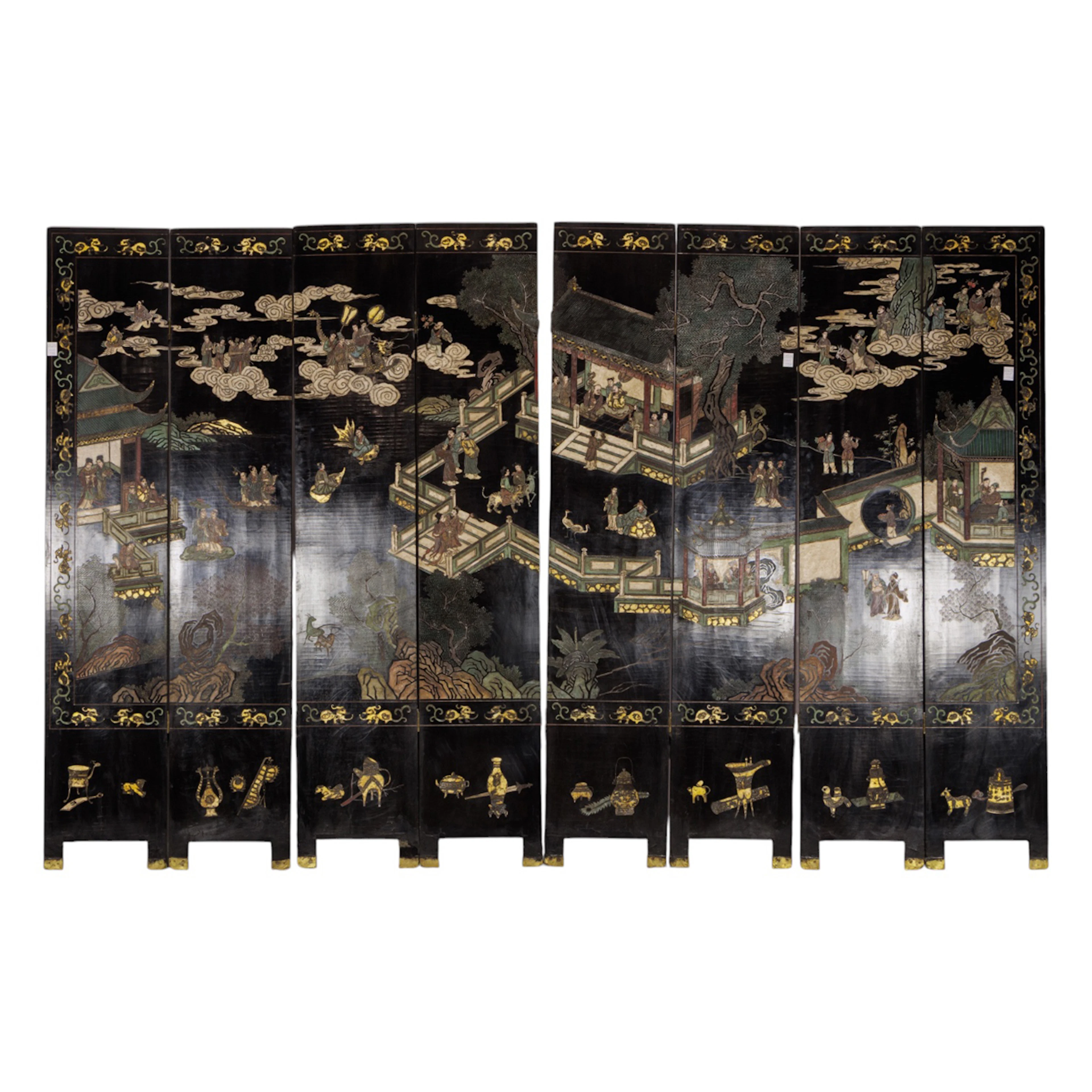 A Chinese eight-panel back lacquer coromandel style folding screen