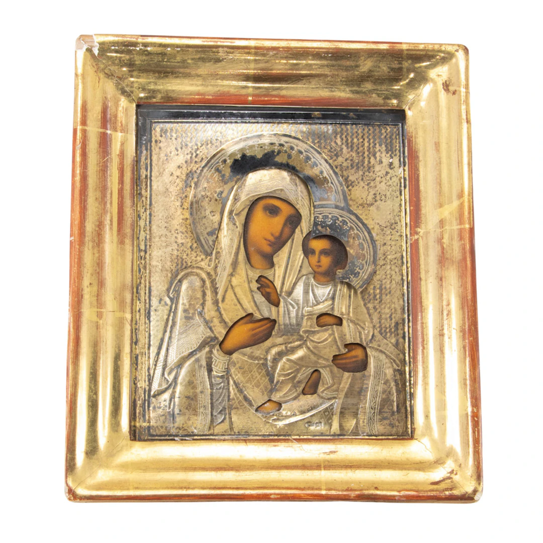 A Russian icon of The Mother of God and Child with 84 standard silver