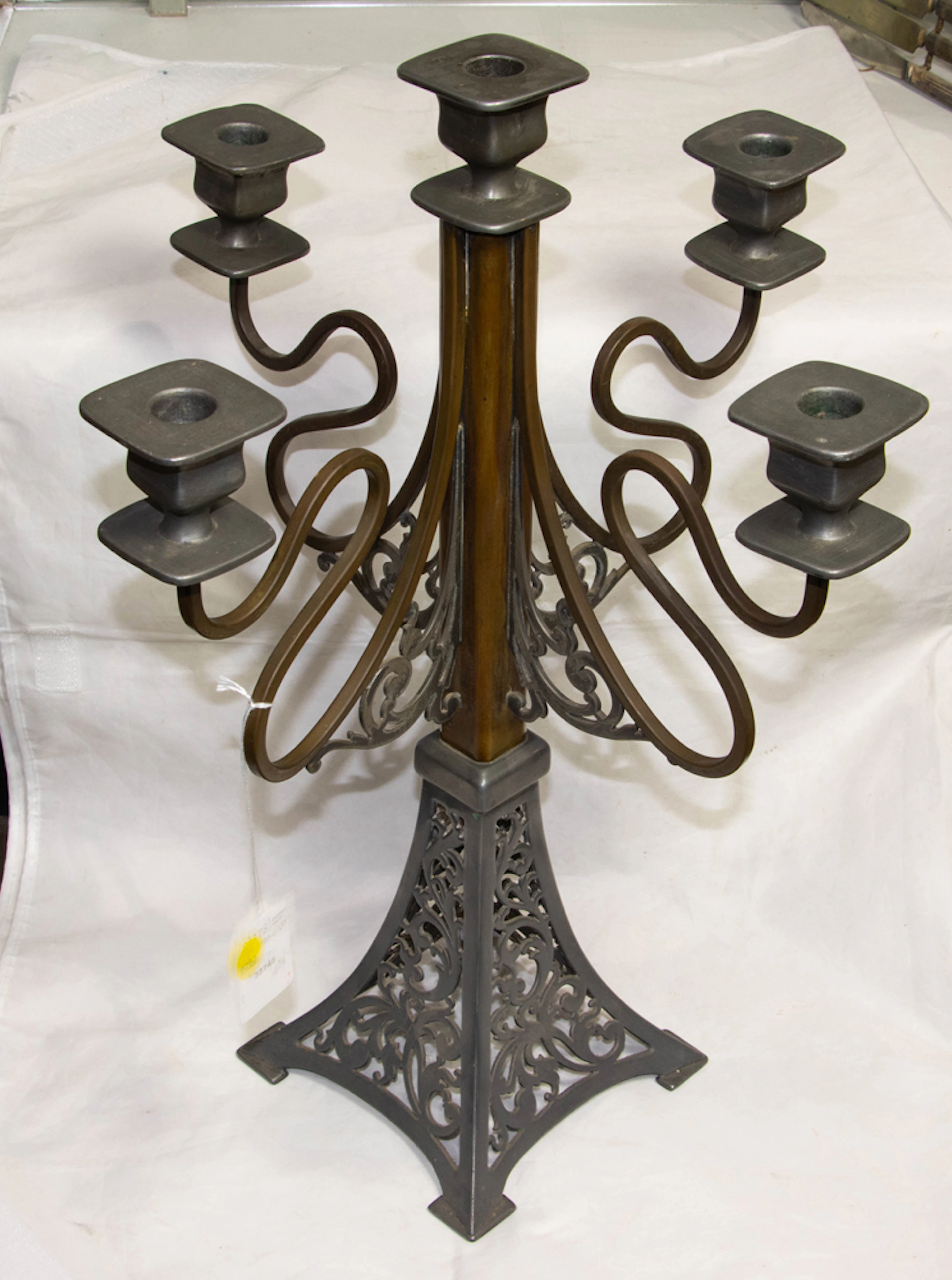 An American Art Nouveau mixed metal five-light candelabrum