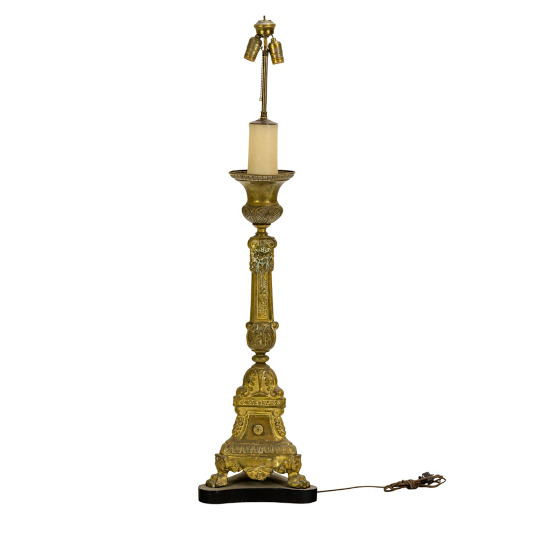 A Continental gilt brass candle pricket now mounted as a lamp
