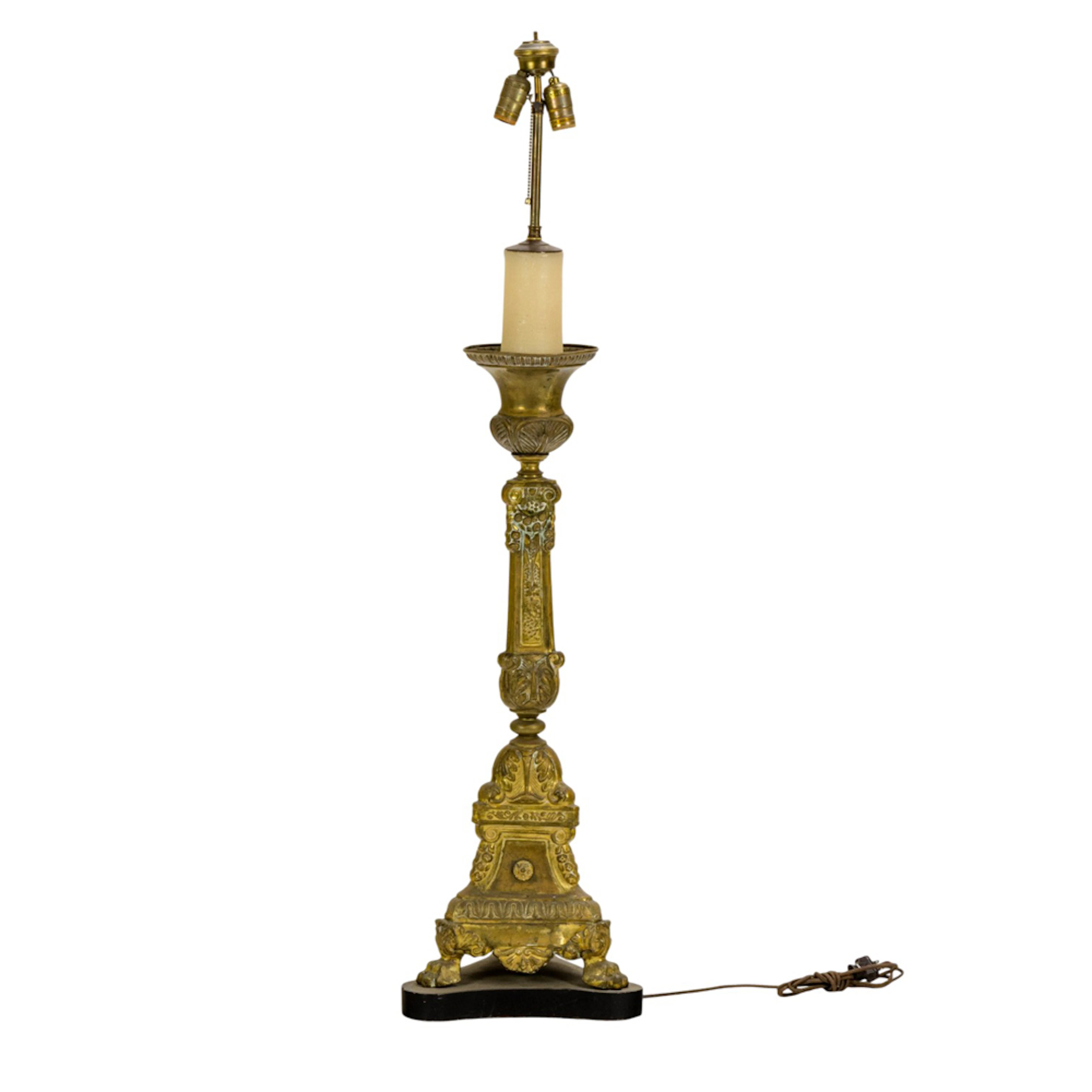 A Continental gilt brass candle pricket now mounted as a lamp
