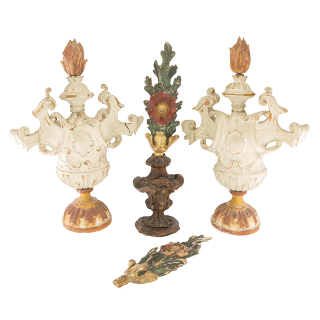 Three Continental polychrome carved urns