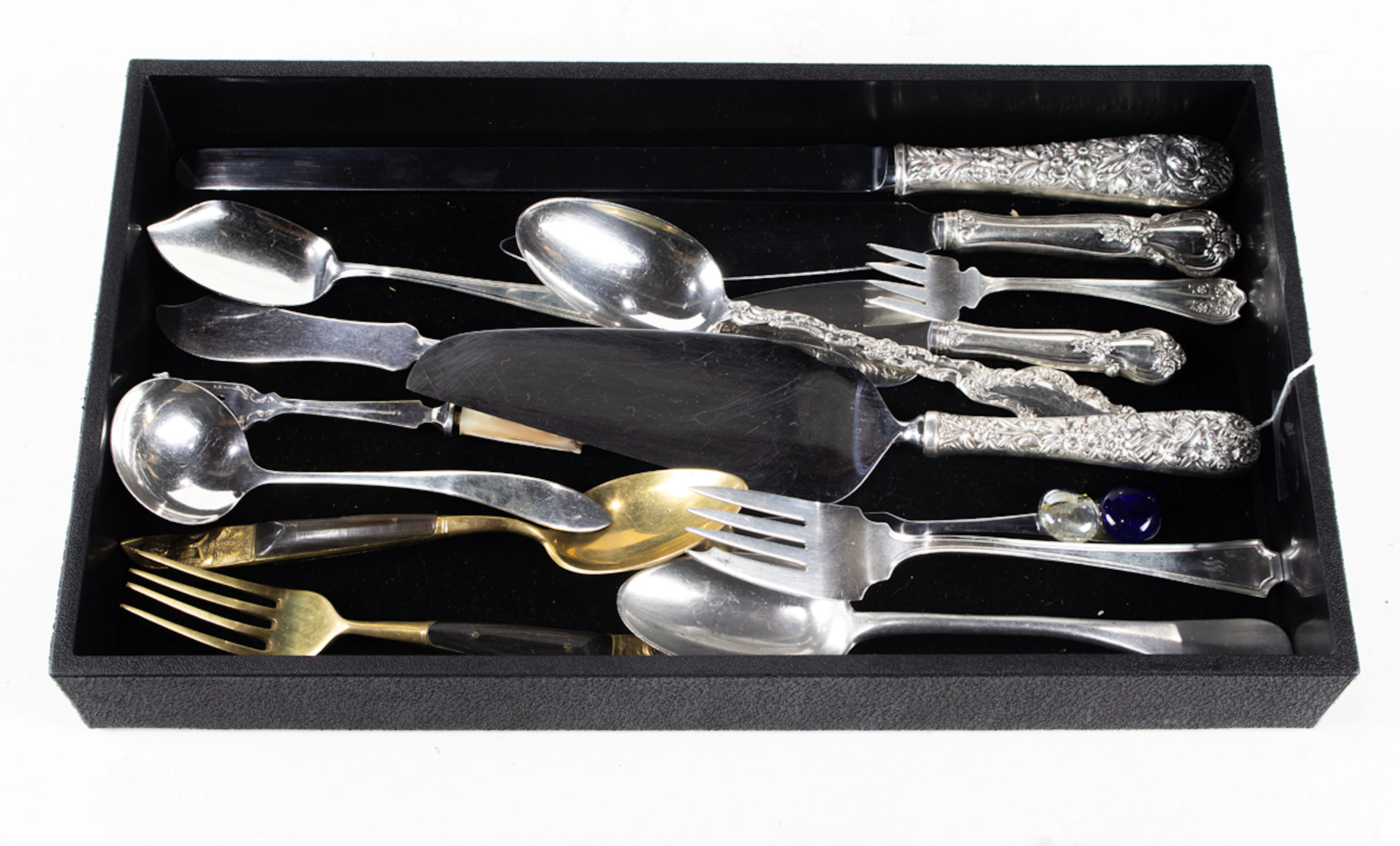 Seven pieces of sterling flatware including S Kirk Repouss�, Stieff