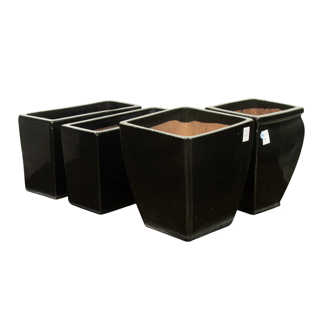 Four rectangular or square glazed black flower pots