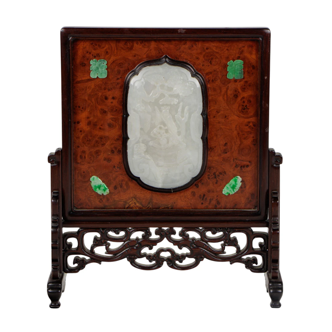 A Chinese white jade table screen with green jadeite insets