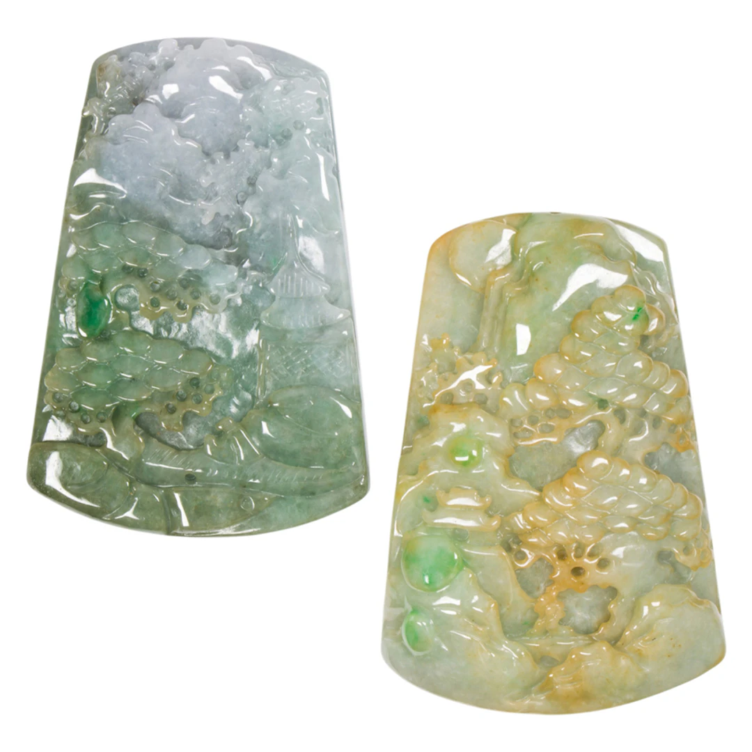 (lot of 2) Chinese jadeite landscape pendants