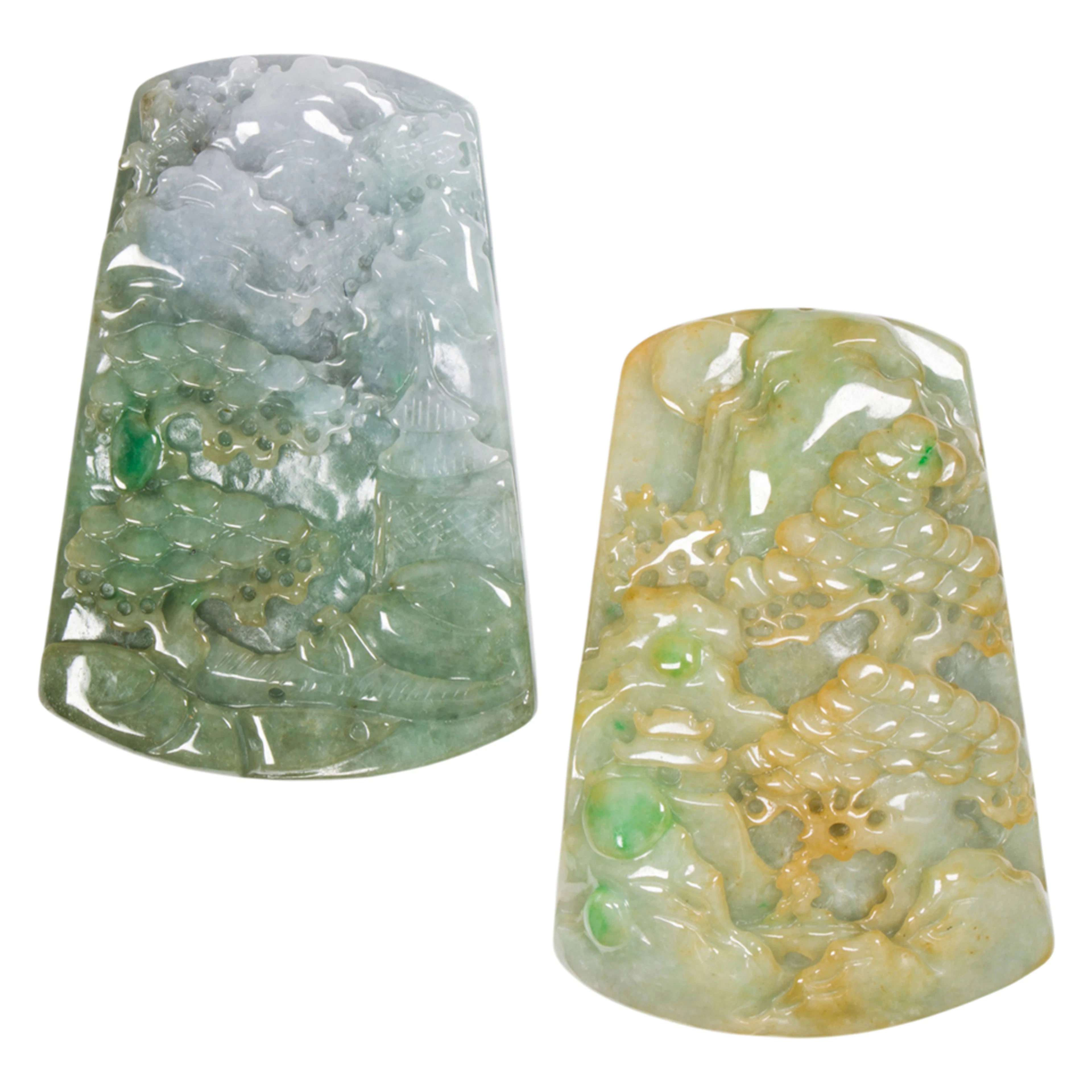 (lot of 2) Chinese jadeite landscape pendants