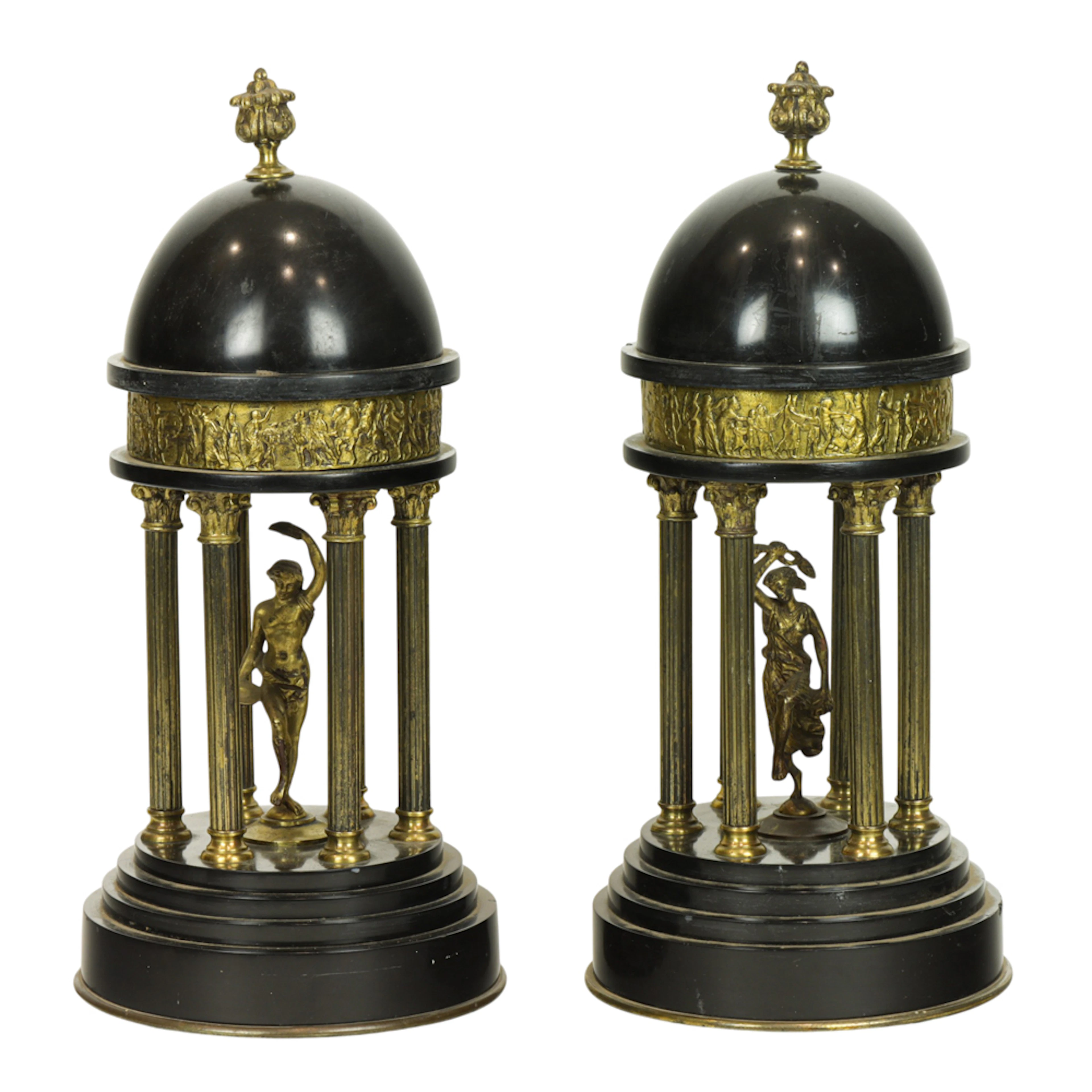 A pair of Grand Tour style gilt bronze and black slate colonnade temple models