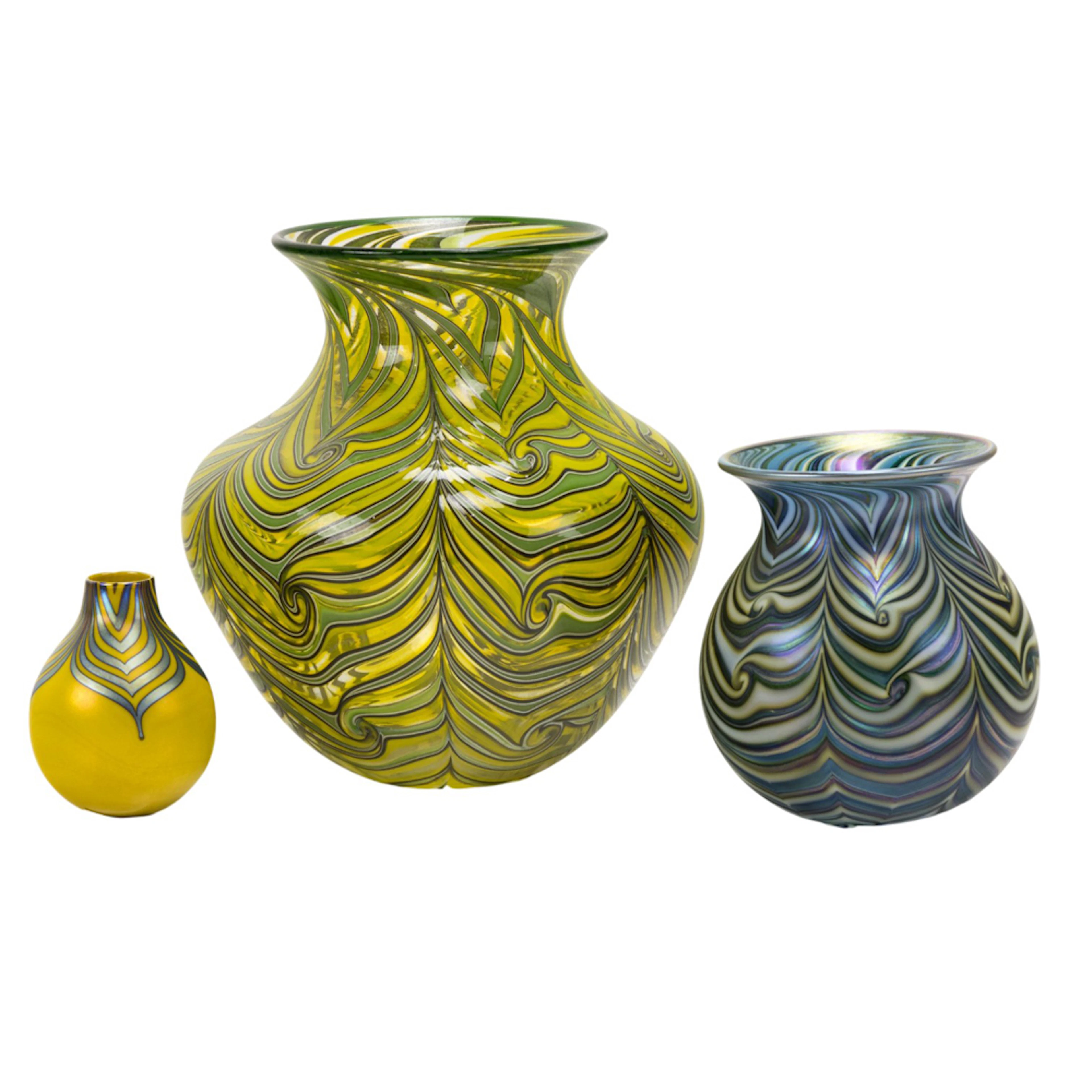 Three Charles Lotton and Daniel Lotton pulled feather art glass vases
