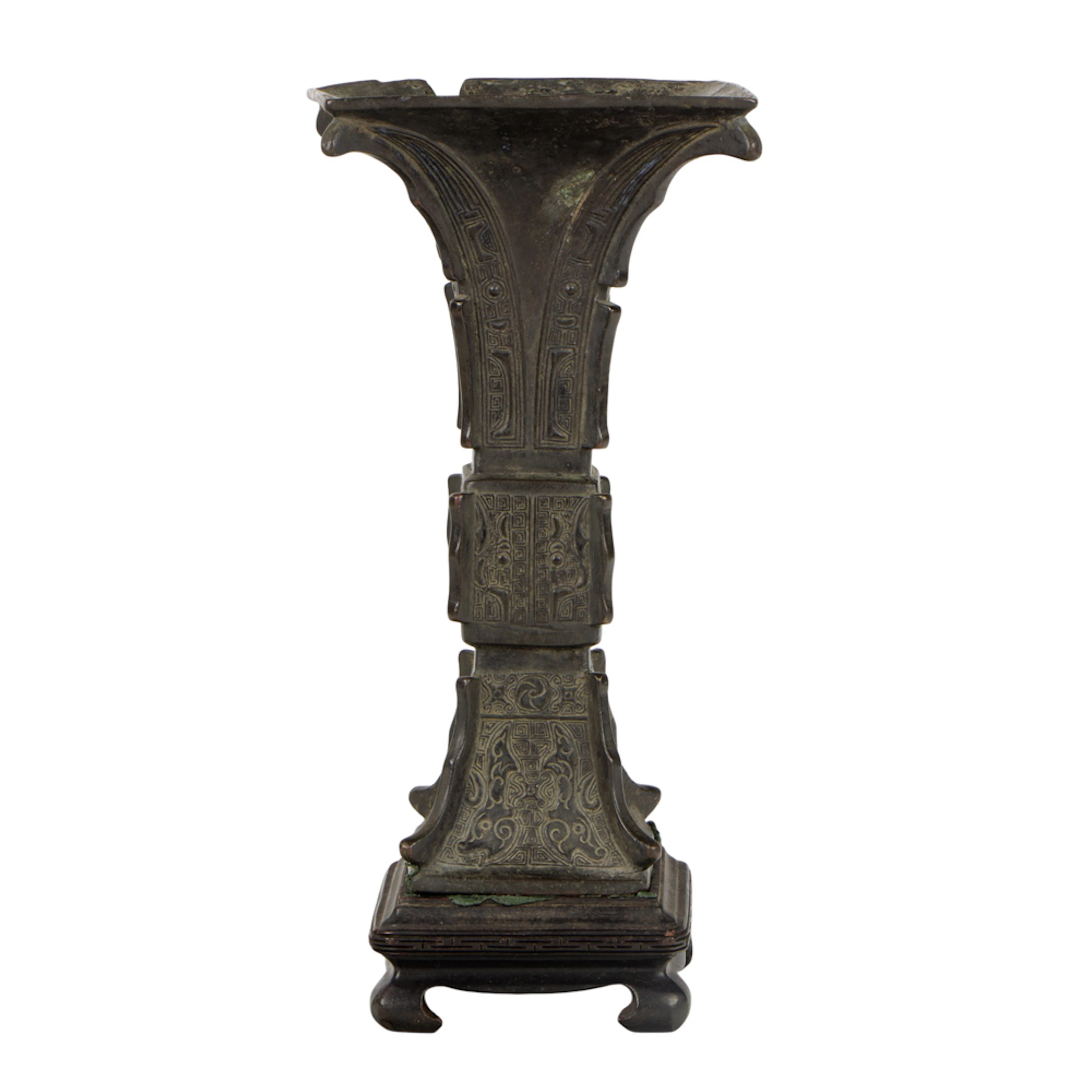 A Chinese archaistic bronze square-form beaker vase