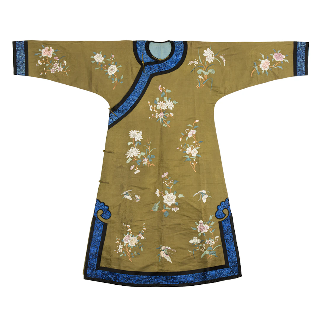 A Chinese brocade olive-ground lady's informal robe