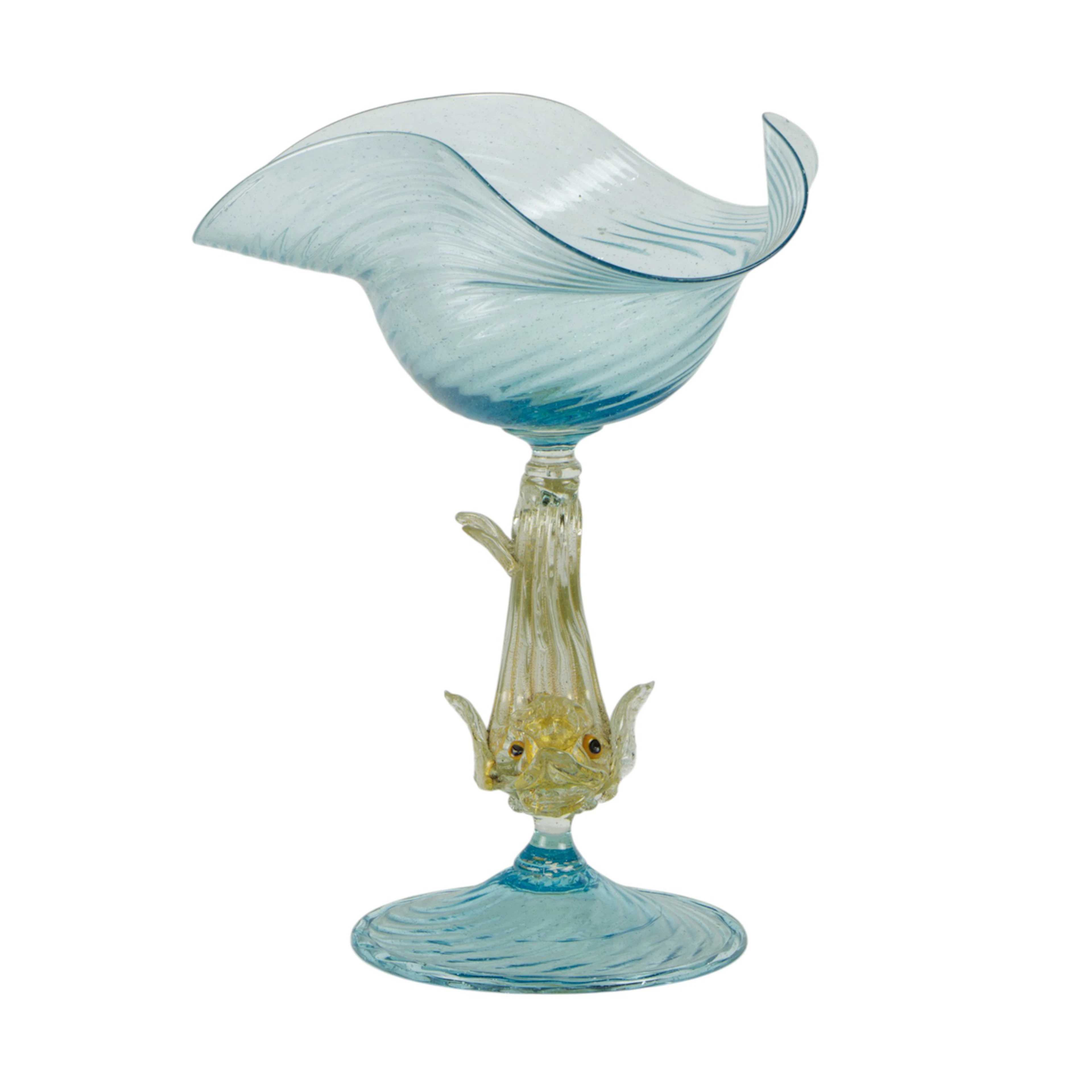 A Venetian gold flecked and blue glass dolphin compote