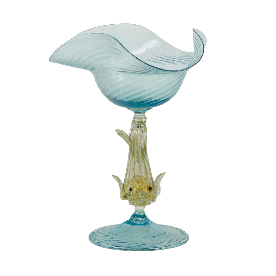 A Venetian gold flecked and blue glass dolphin compote