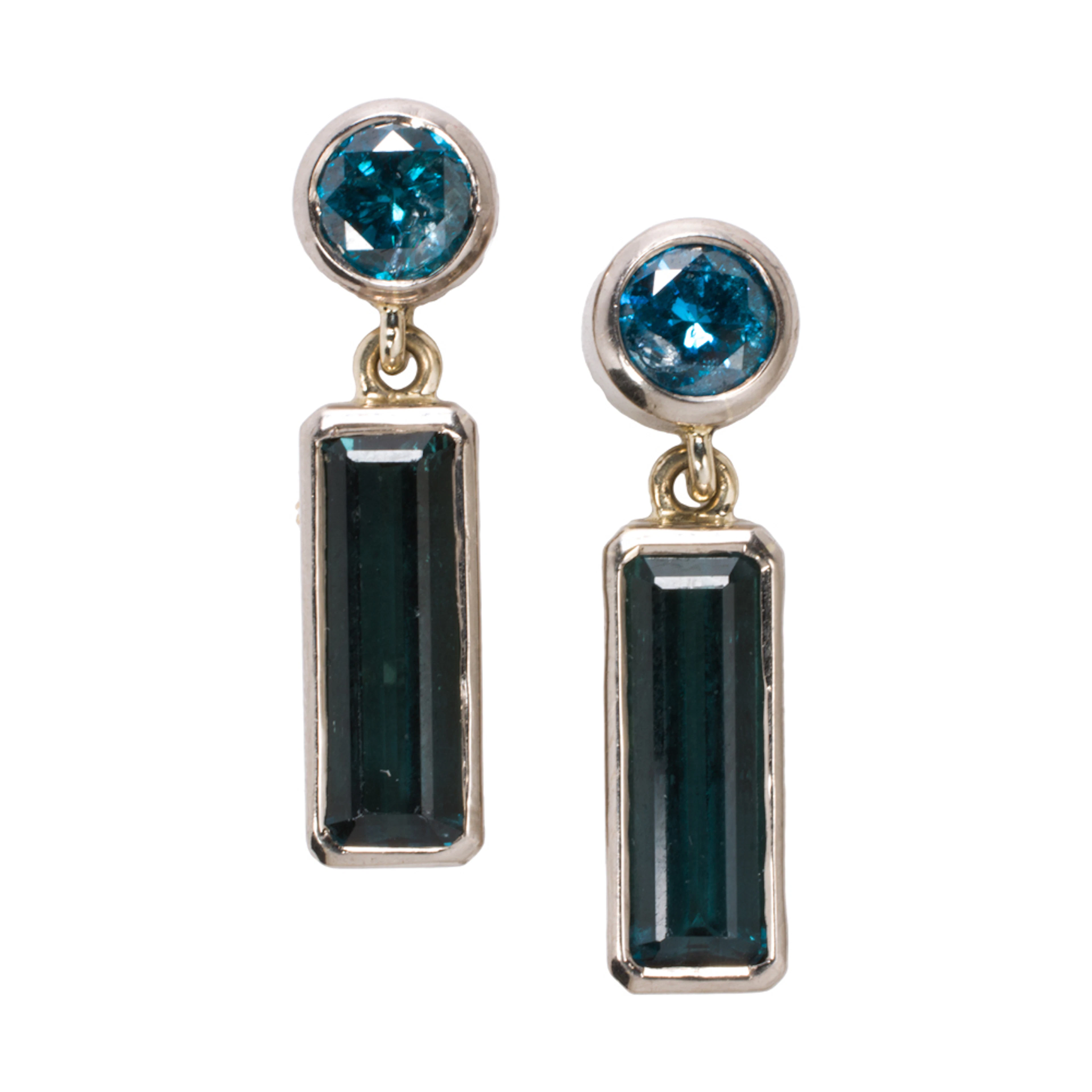 A pair of treated blue diamond, tourmaline and 18k white gold earrings