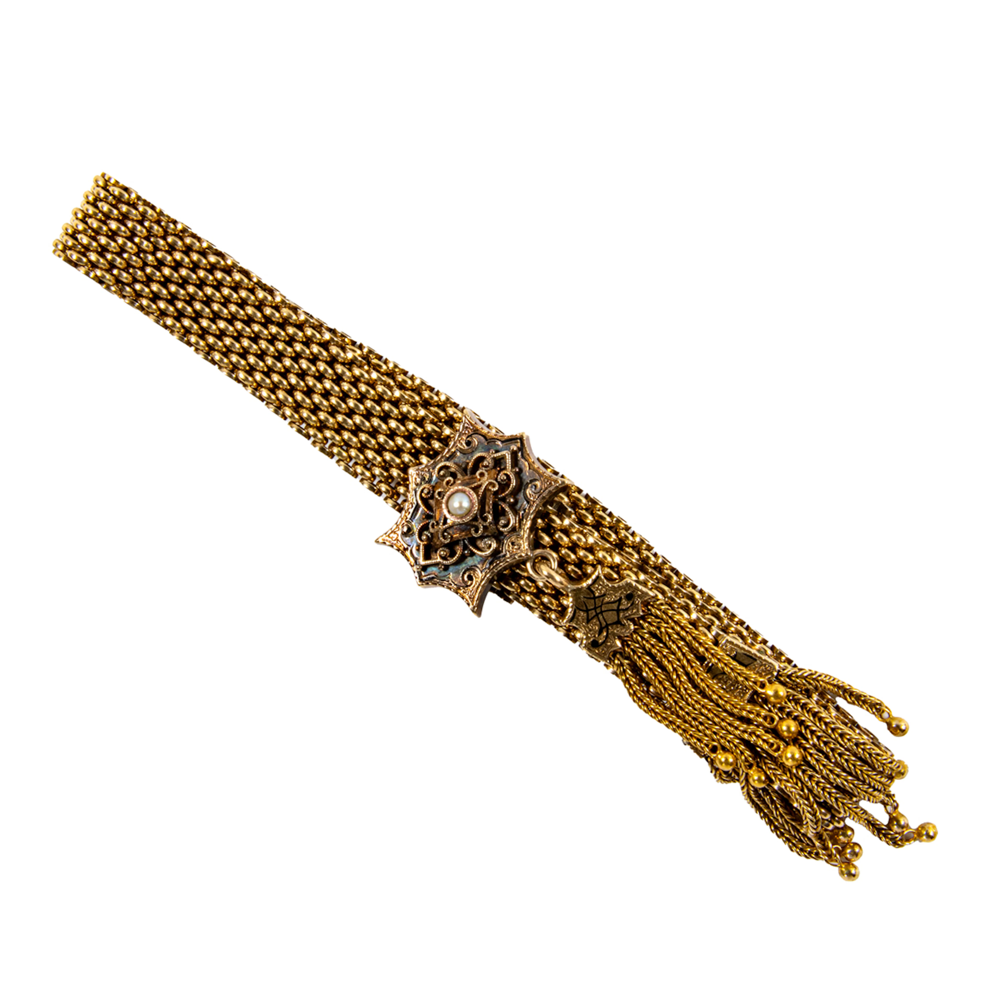 A victorian cultured pearl, enamel and gold-filled tassel bracelet