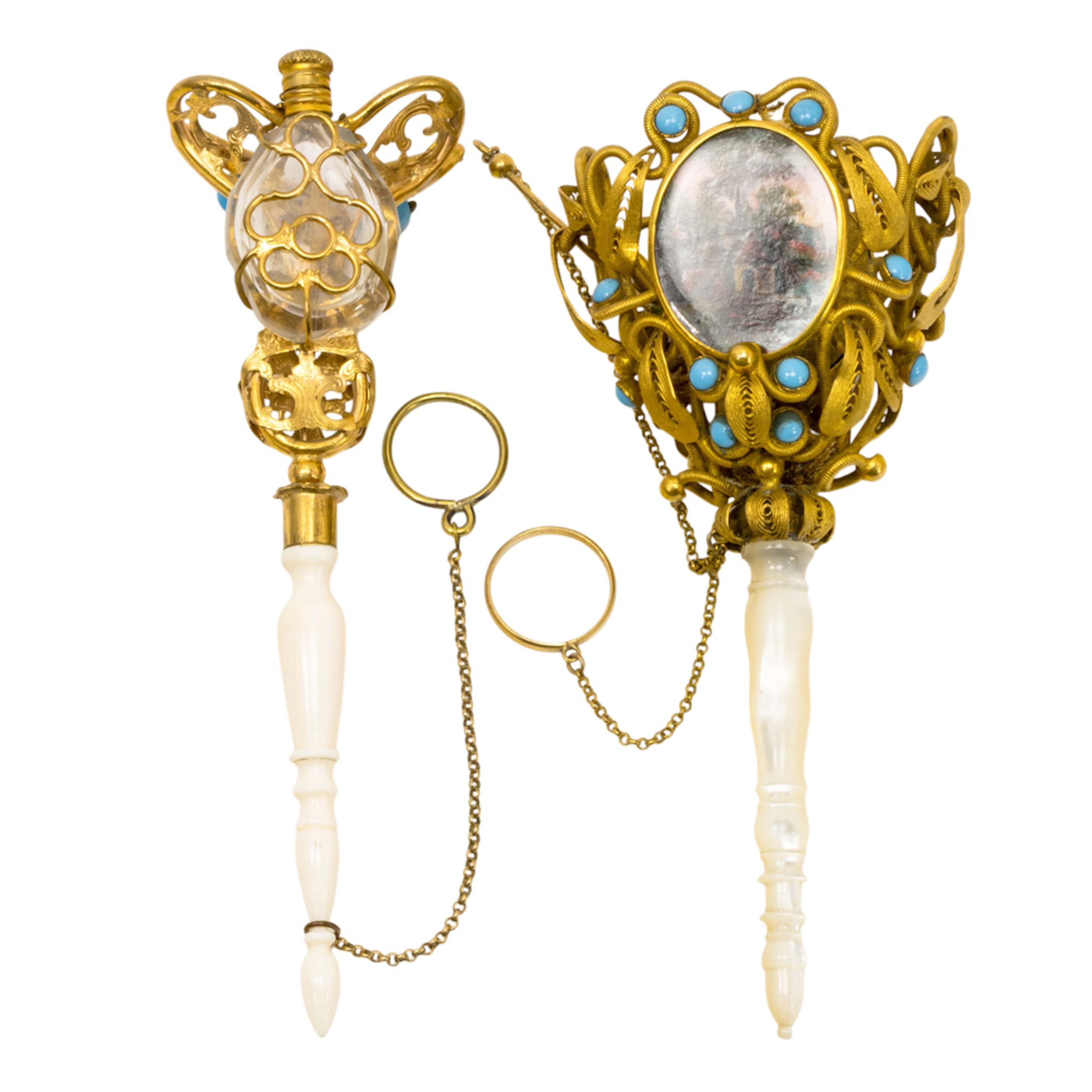 Two English gilt metal and turquoise bead posy holders or tussie mussies