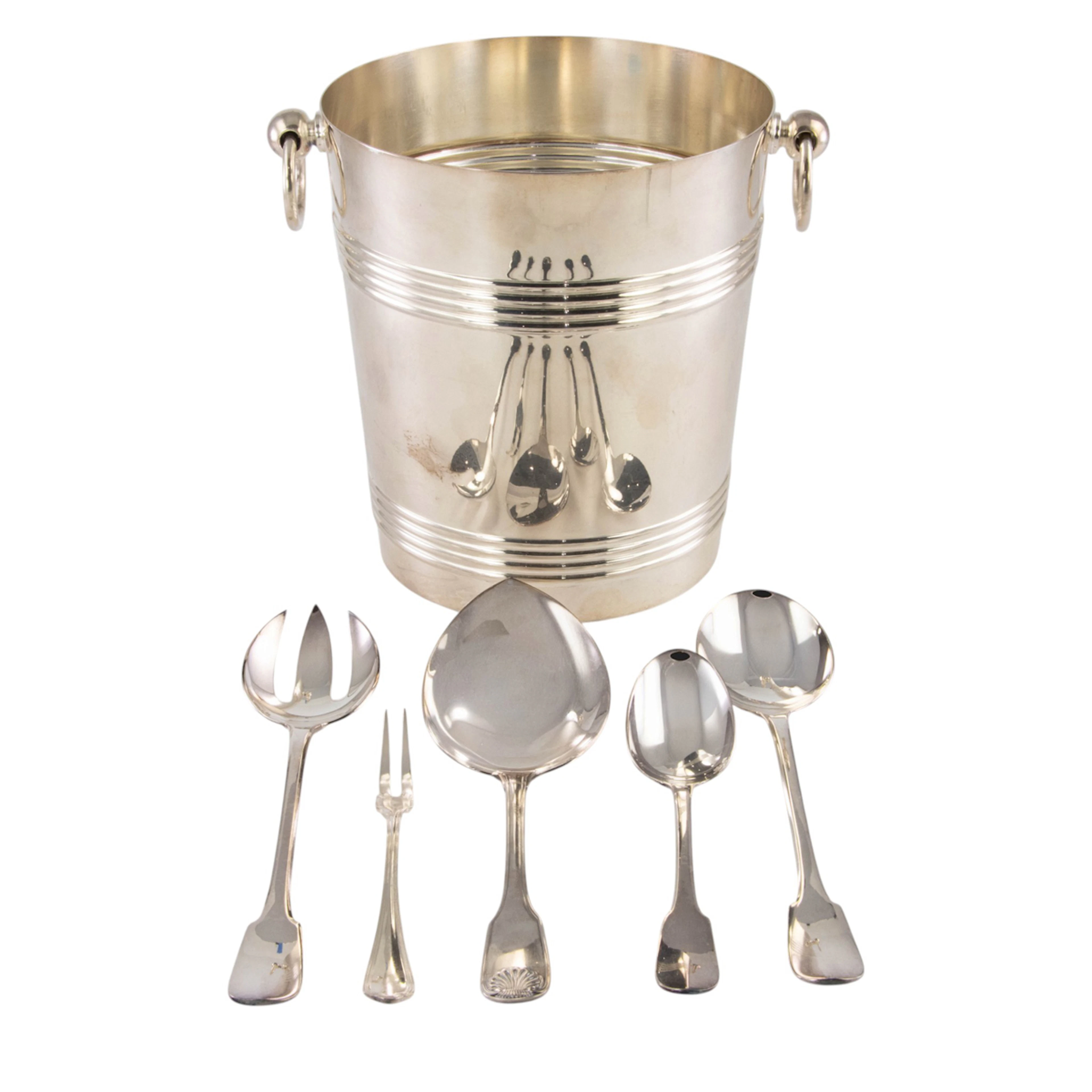 A French plated wine cooler with assorted flatware, Christofle
