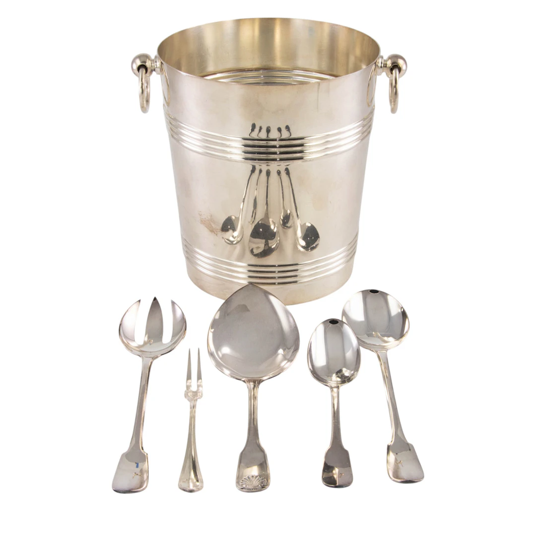A French plated wine cooler with assorted flatware, Christofle