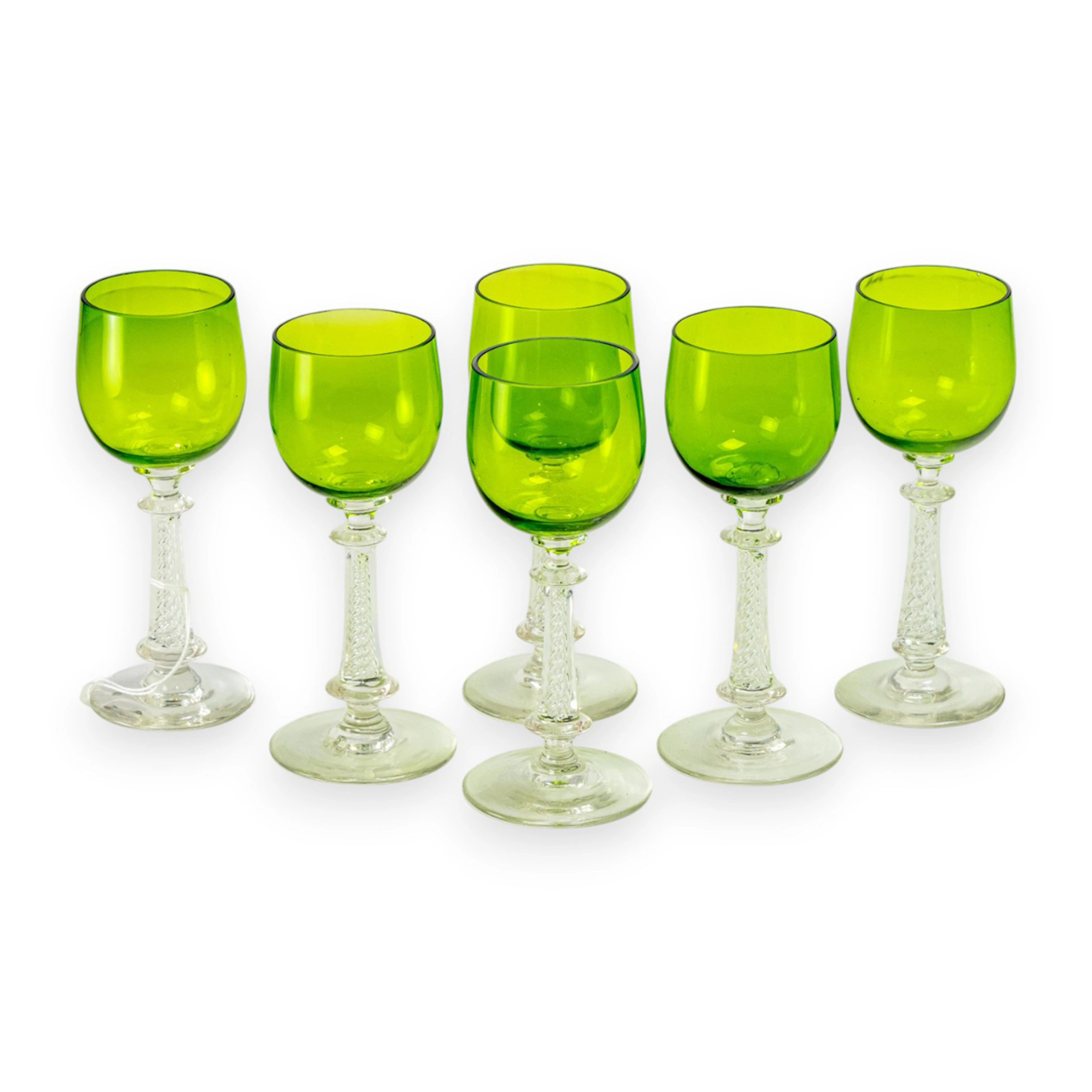 A set of six chartreuse green and clear glass airtwist wine glasses