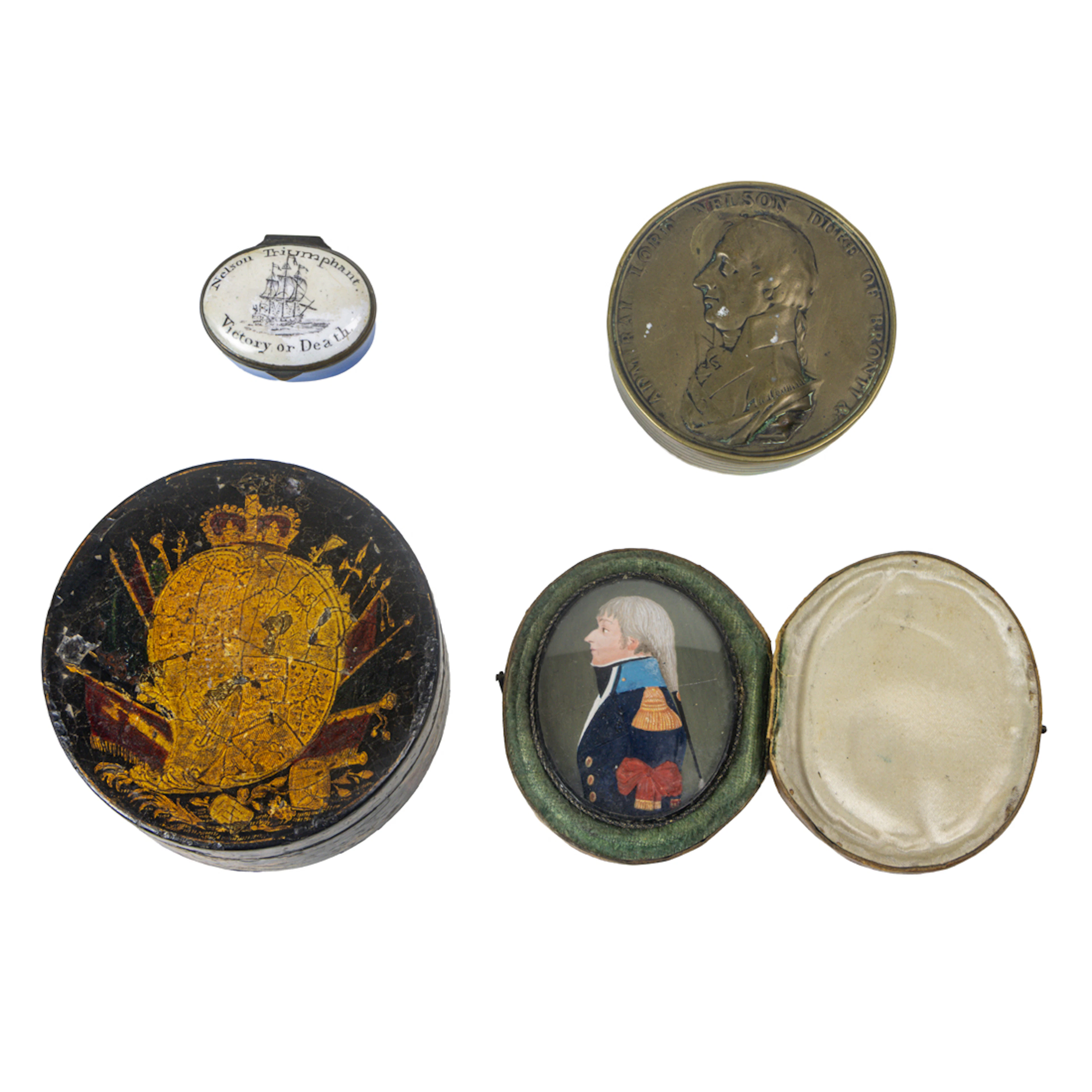 A European wax miniature and three snuff boxes with military subjects