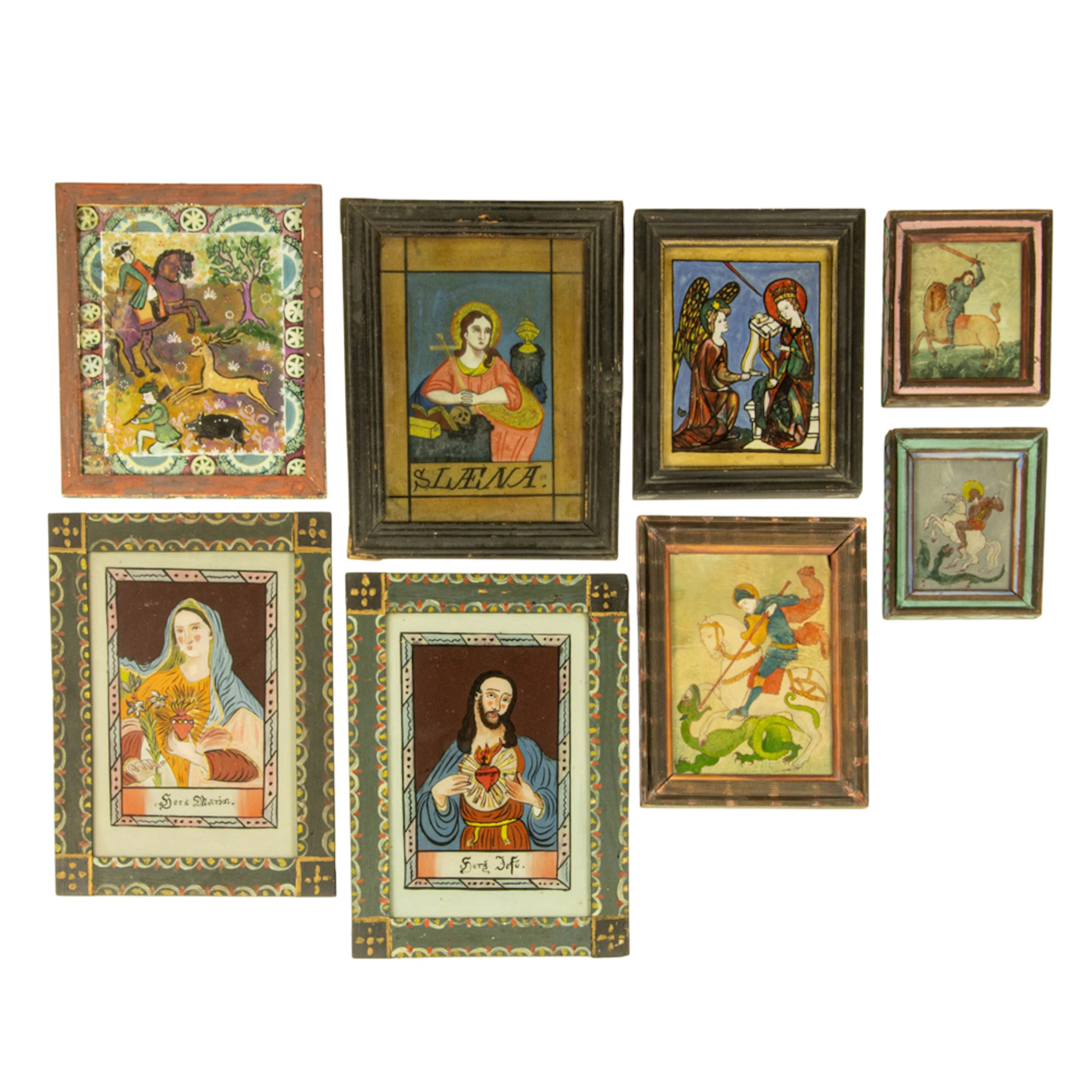 A group of eight Continental mainly religious reverse painted glass