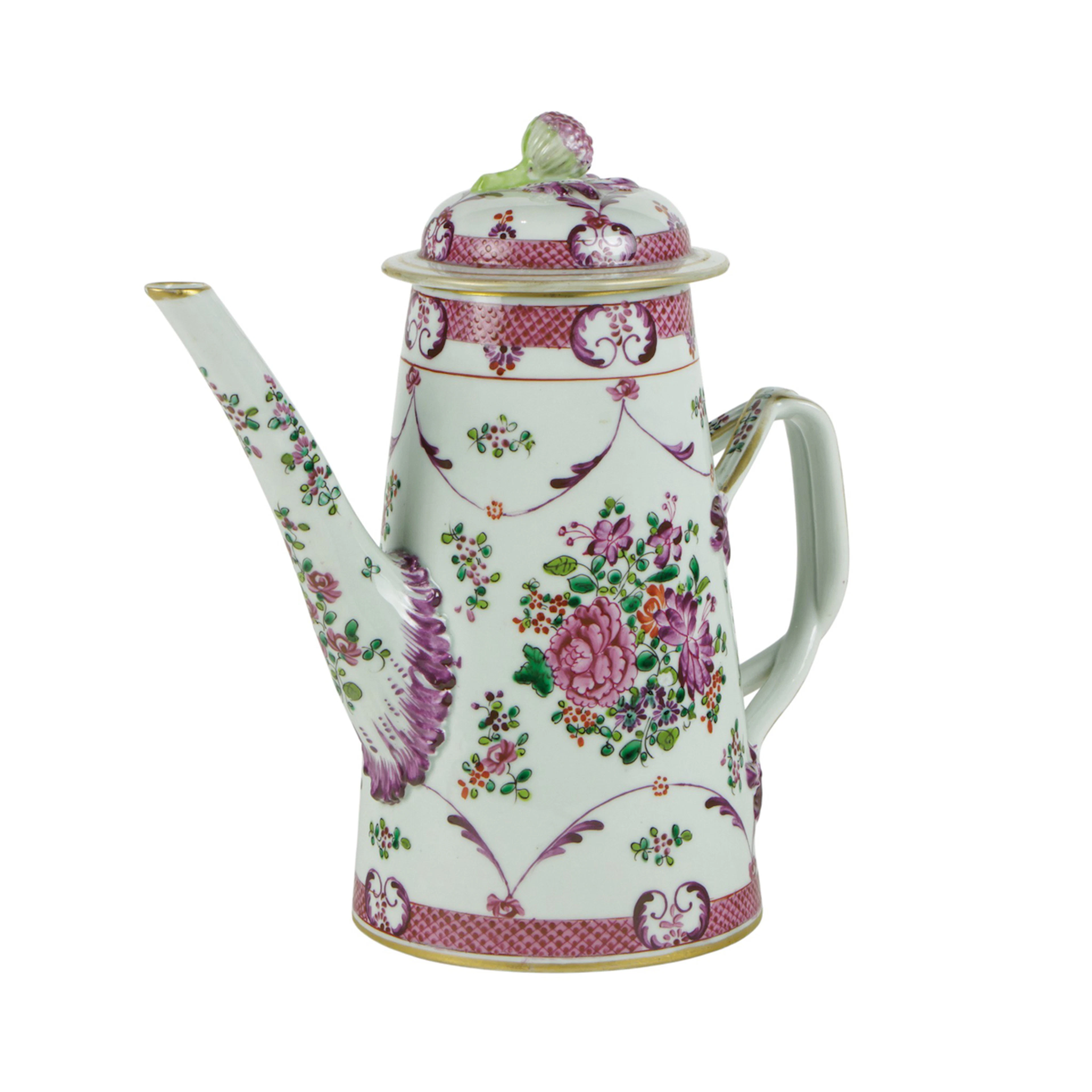 A Continental porcelain coffee pot in the Famille Rose palette