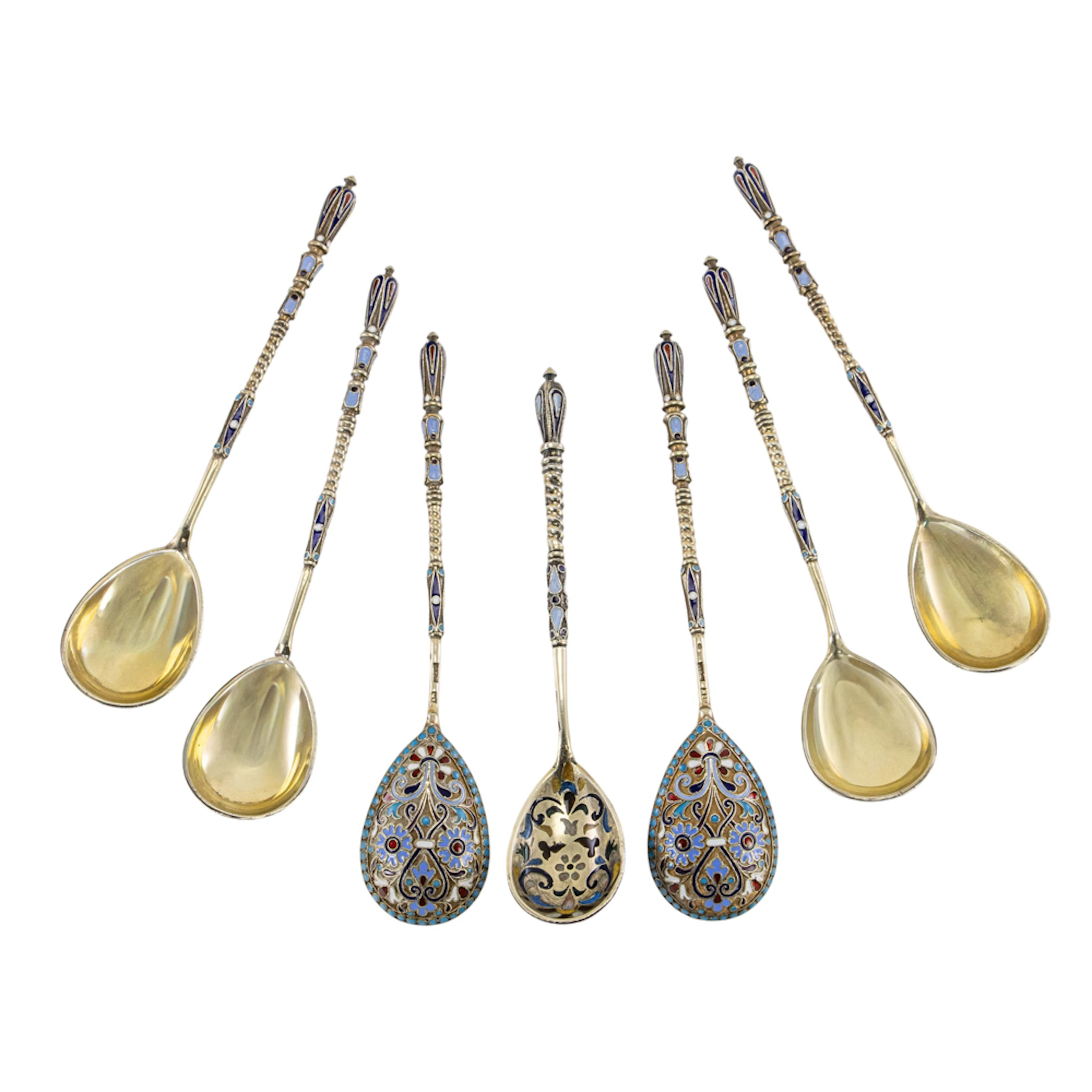 A Russian 84 standard silver-gilt and enamel set of six teaspoons