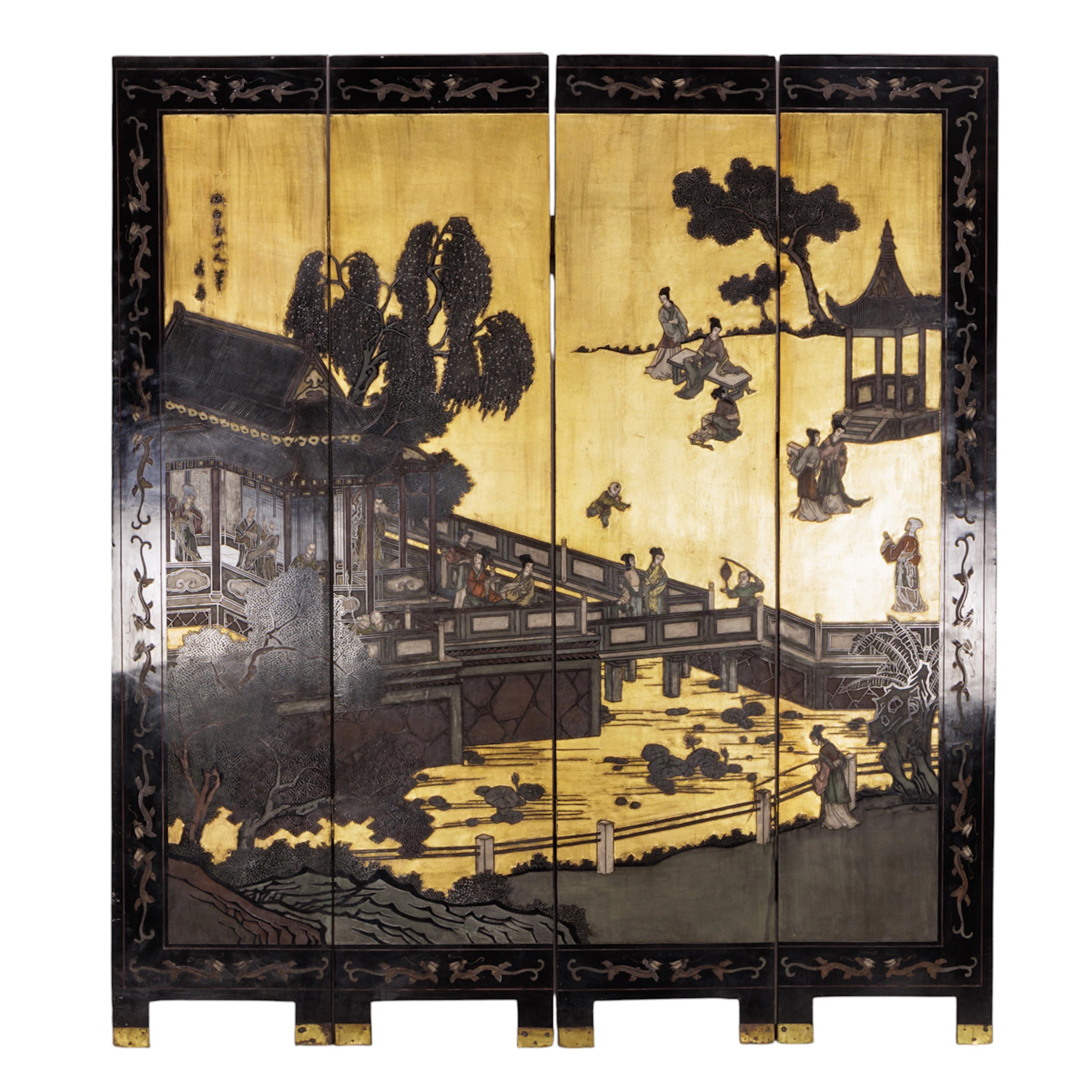 A Chinese four-panel gold leaf coromandel style folding screen