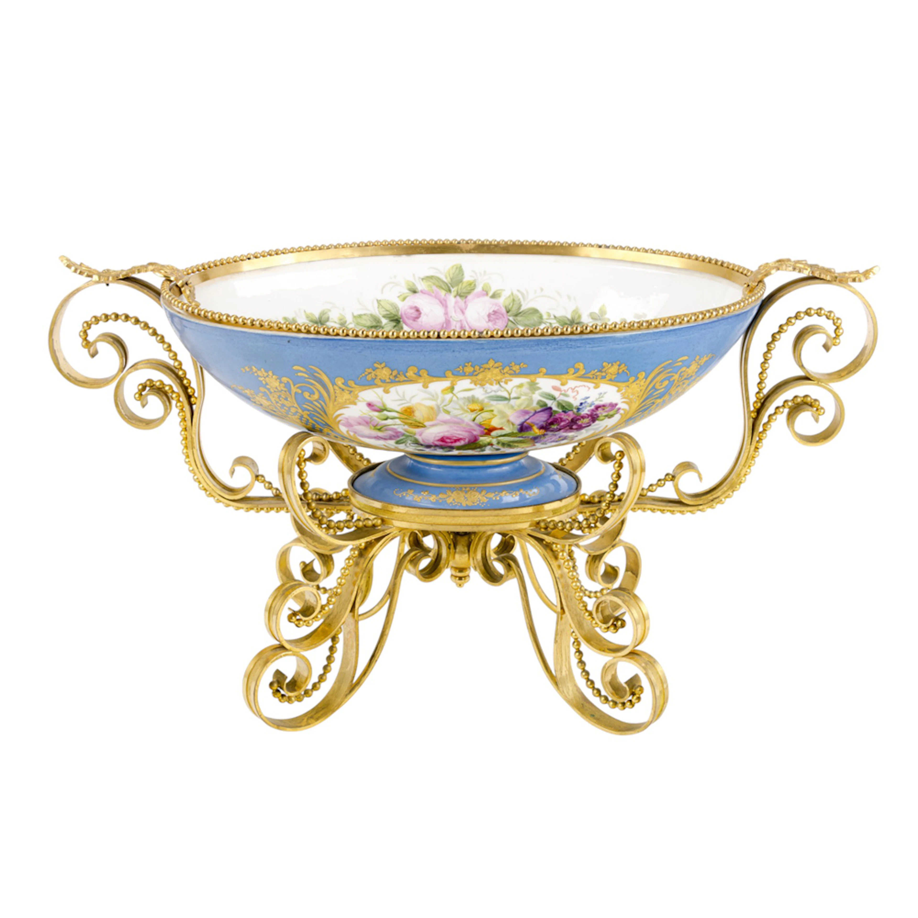 A large Sevres style porcelain gilt bronze mounted center bowl