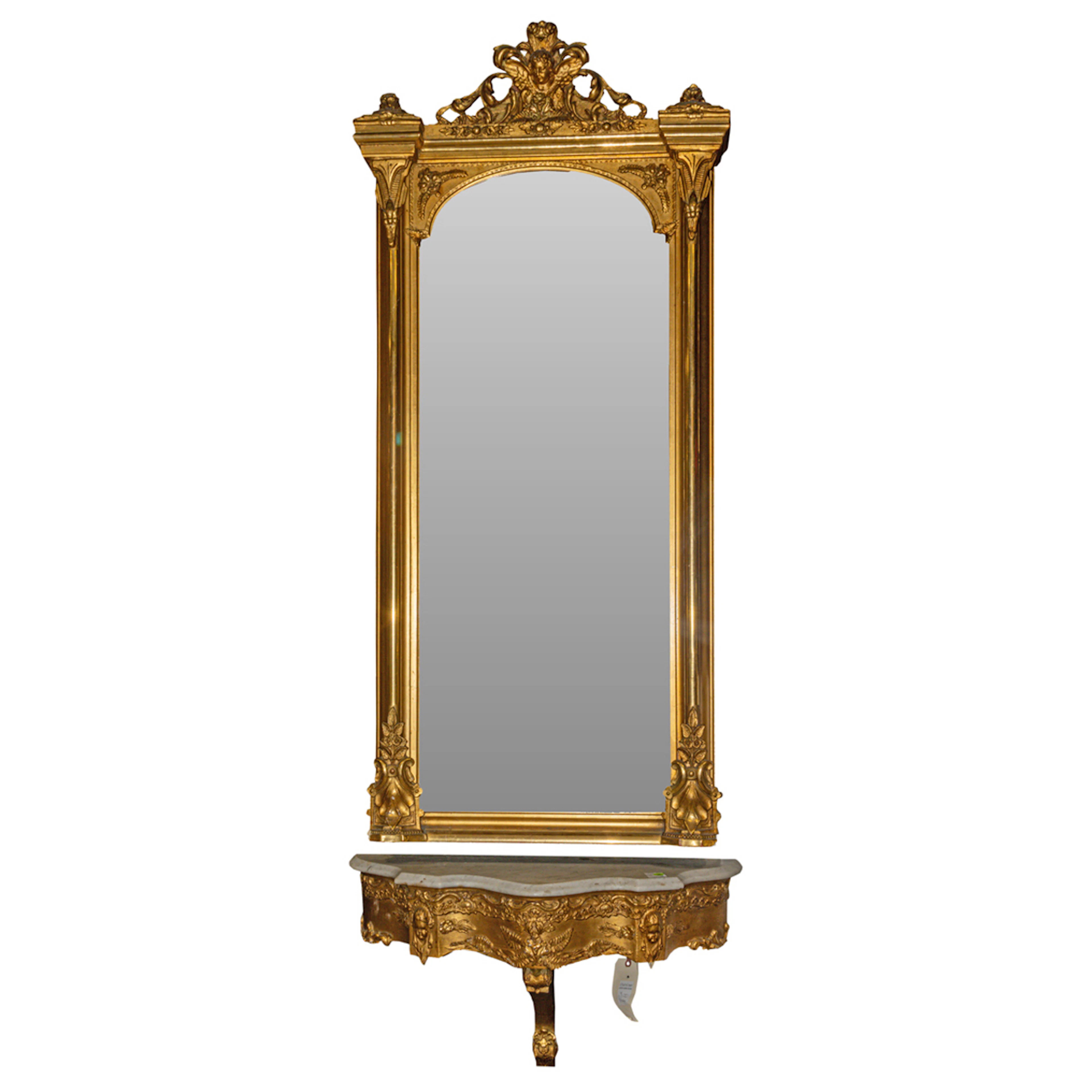 A Belle Epoque giltwood mirror and wall-mounting console with white marble top