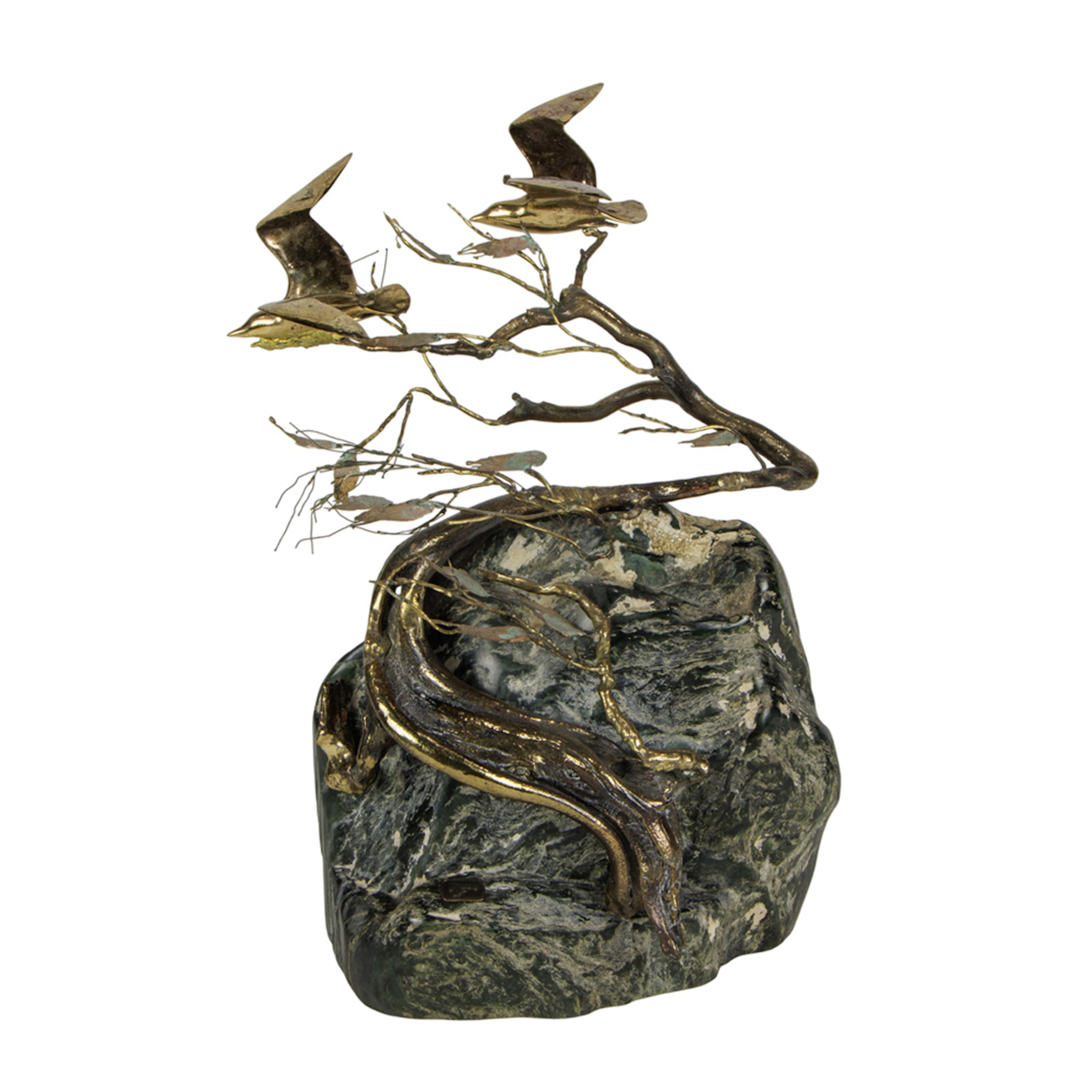 A Brutalist welded metal and stone group