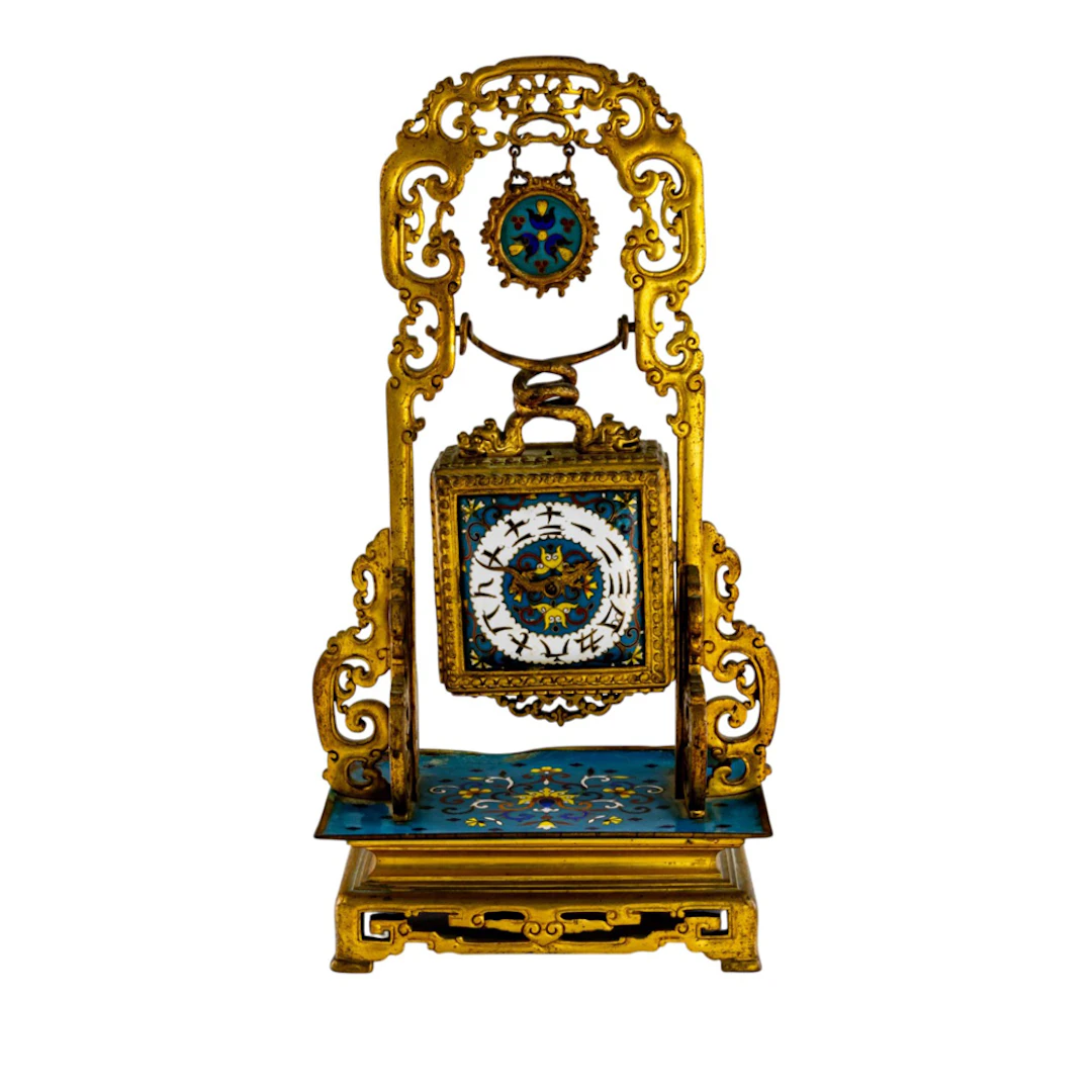 A Chinese export gilt bronze and closionne enamel hanging clock