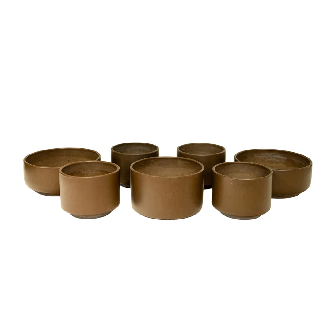 Seven Gainey Ceramics matte brown glazed garden pots