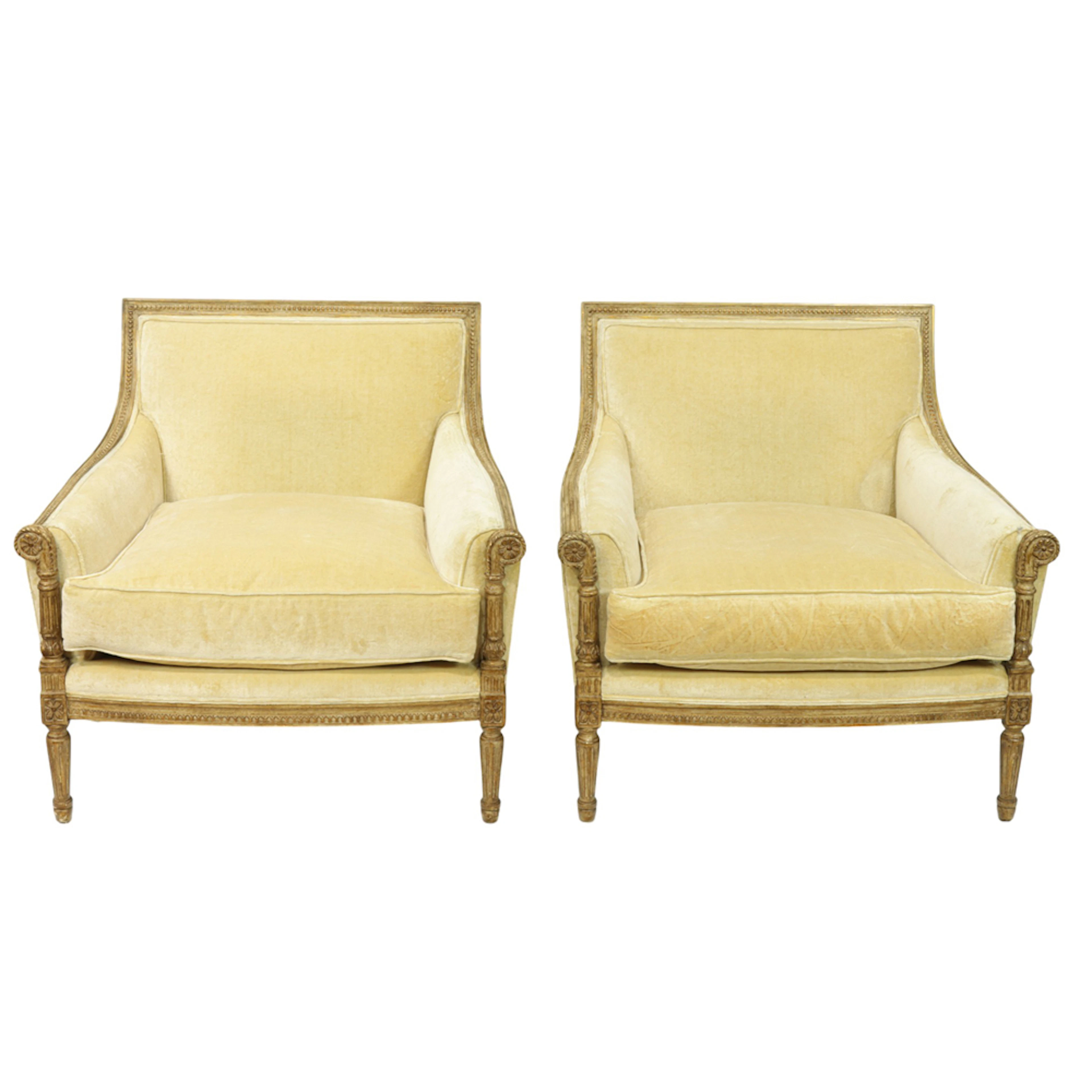 A fine pair of Nancy Corzine "Rateau" gold velvet bergeres