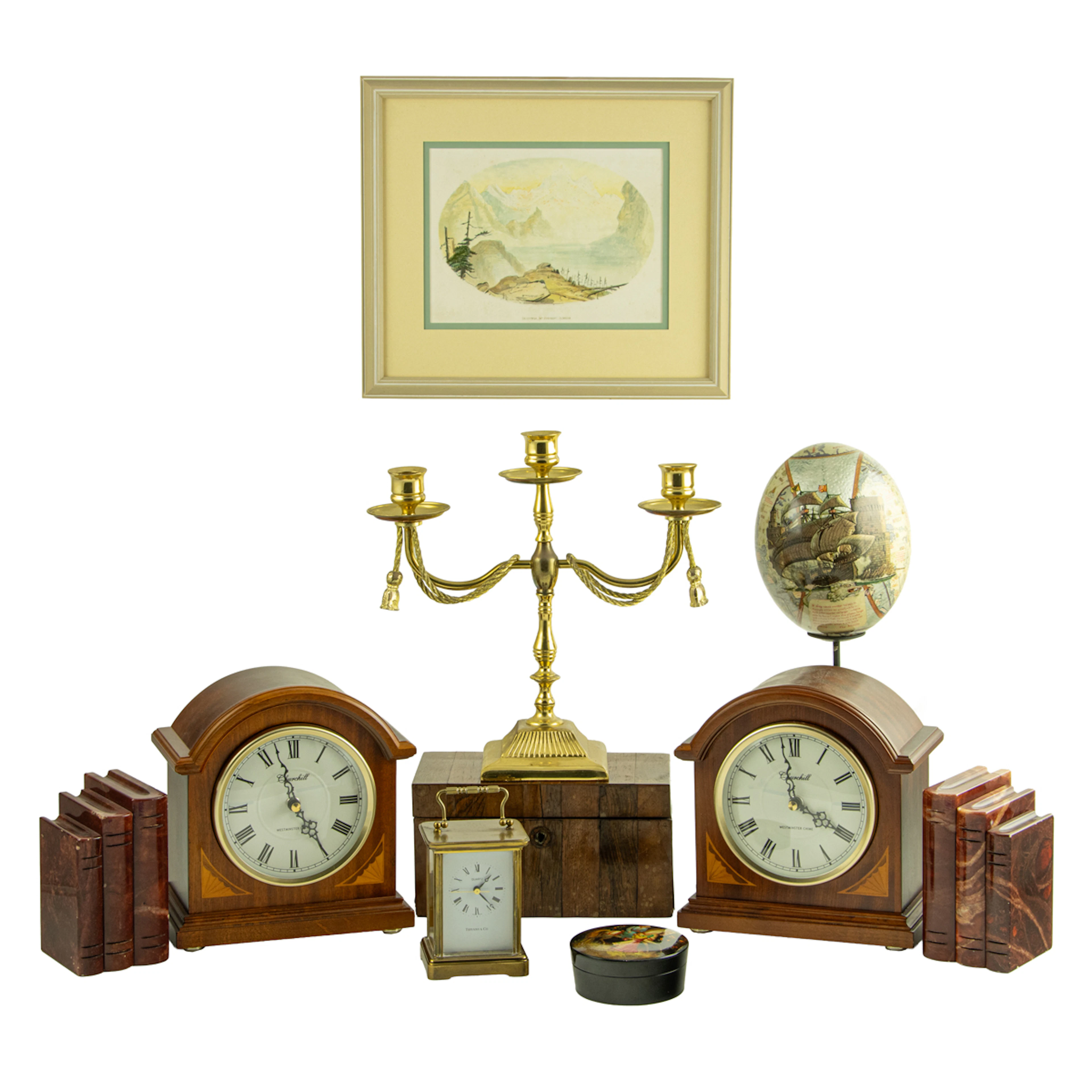 An assembled group of decorative articles and timepieces