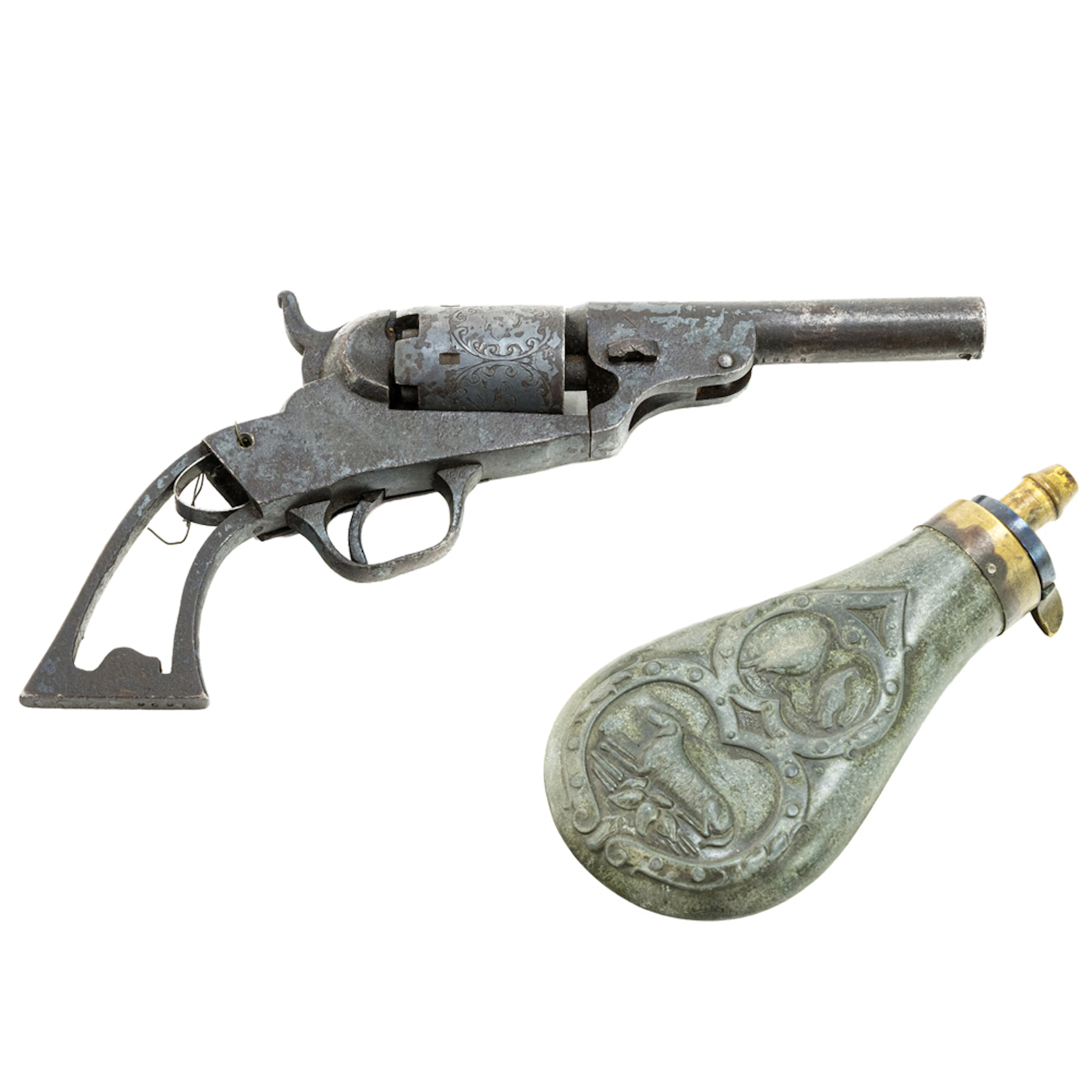 An American engraved pocket revolver and powder flask