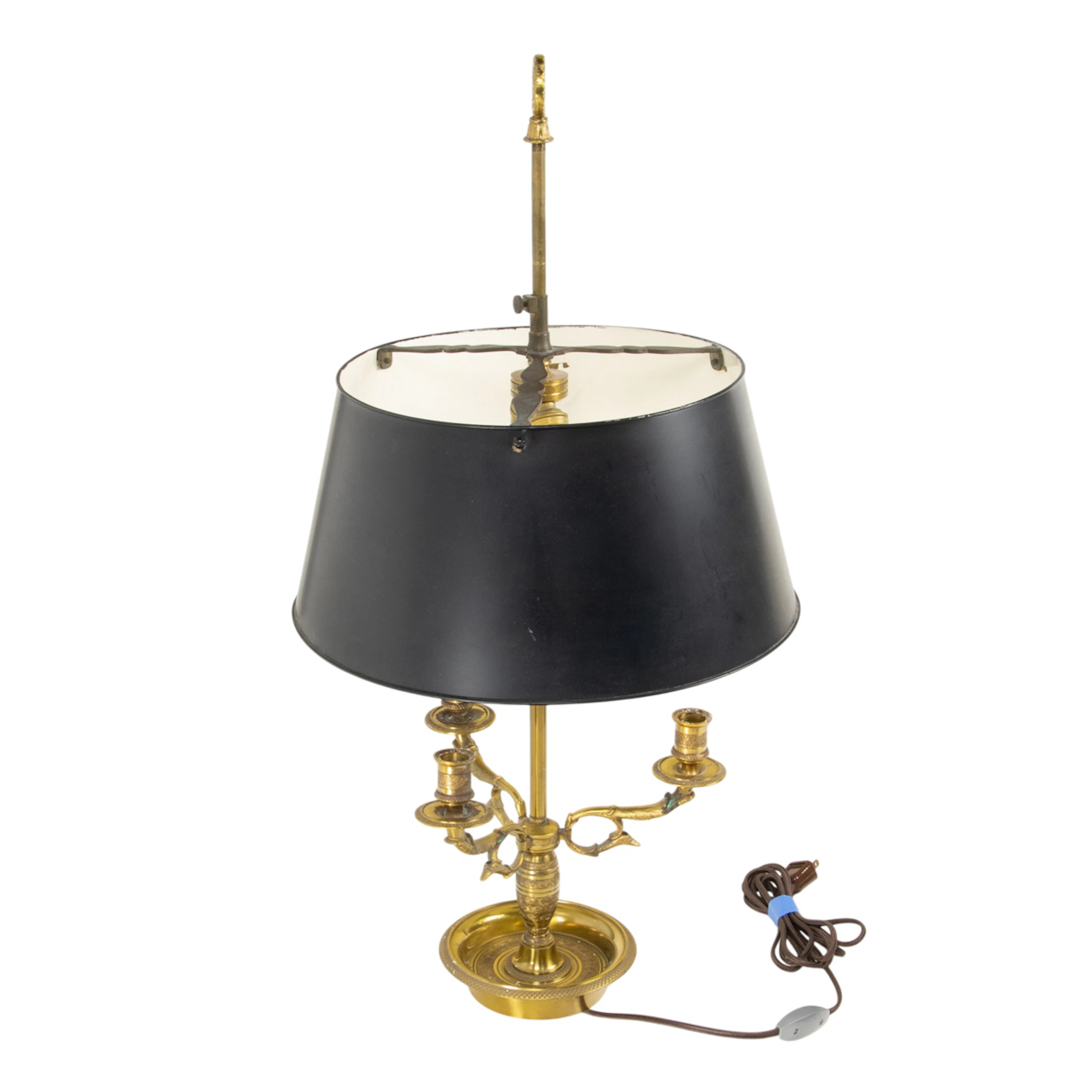 A Neoclassical style brass three-light bouillotte lamp with green tole shade