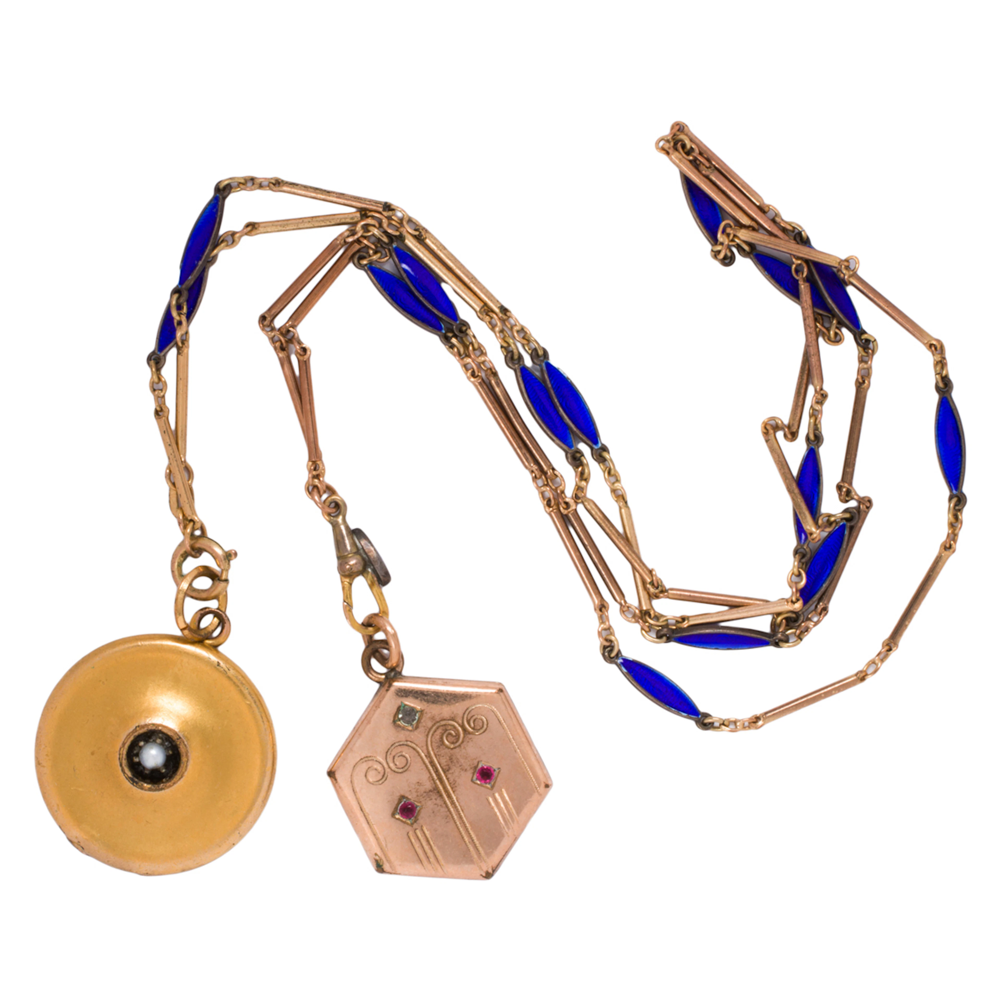 An antique enamel and gold-filled pocket watch chain and two lockets