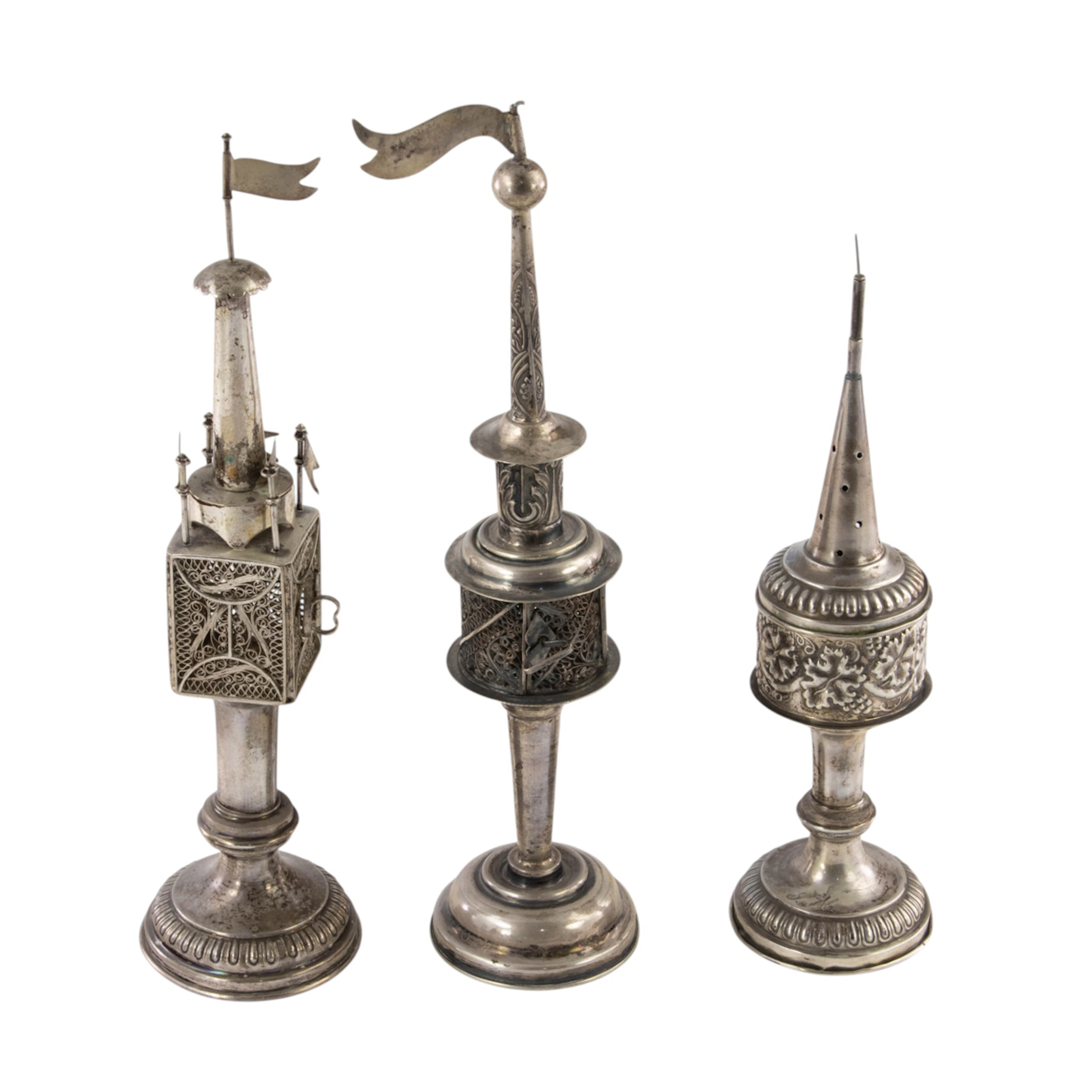 Three Continental silver spice towers