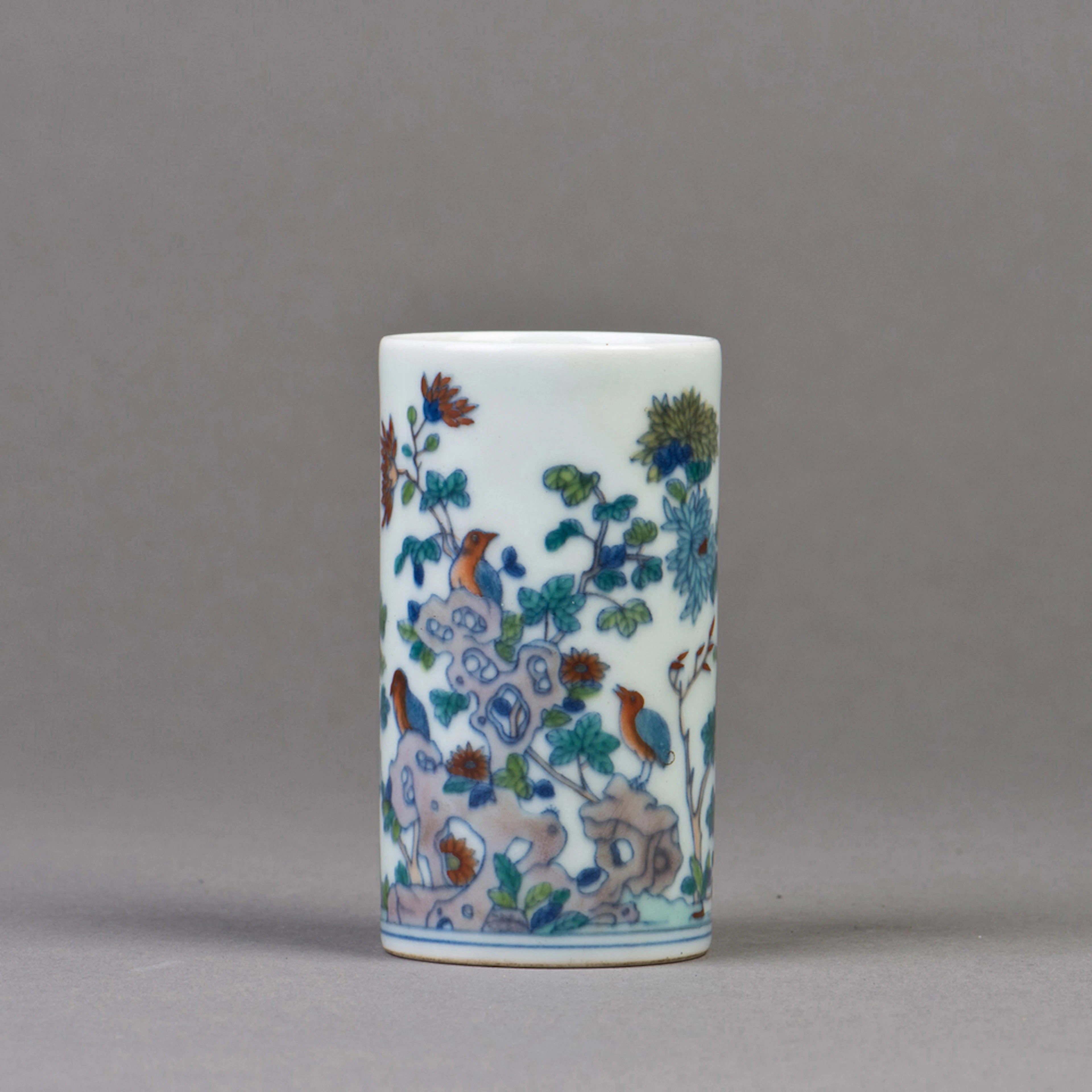 Chinese doucai cylindrical brush pot