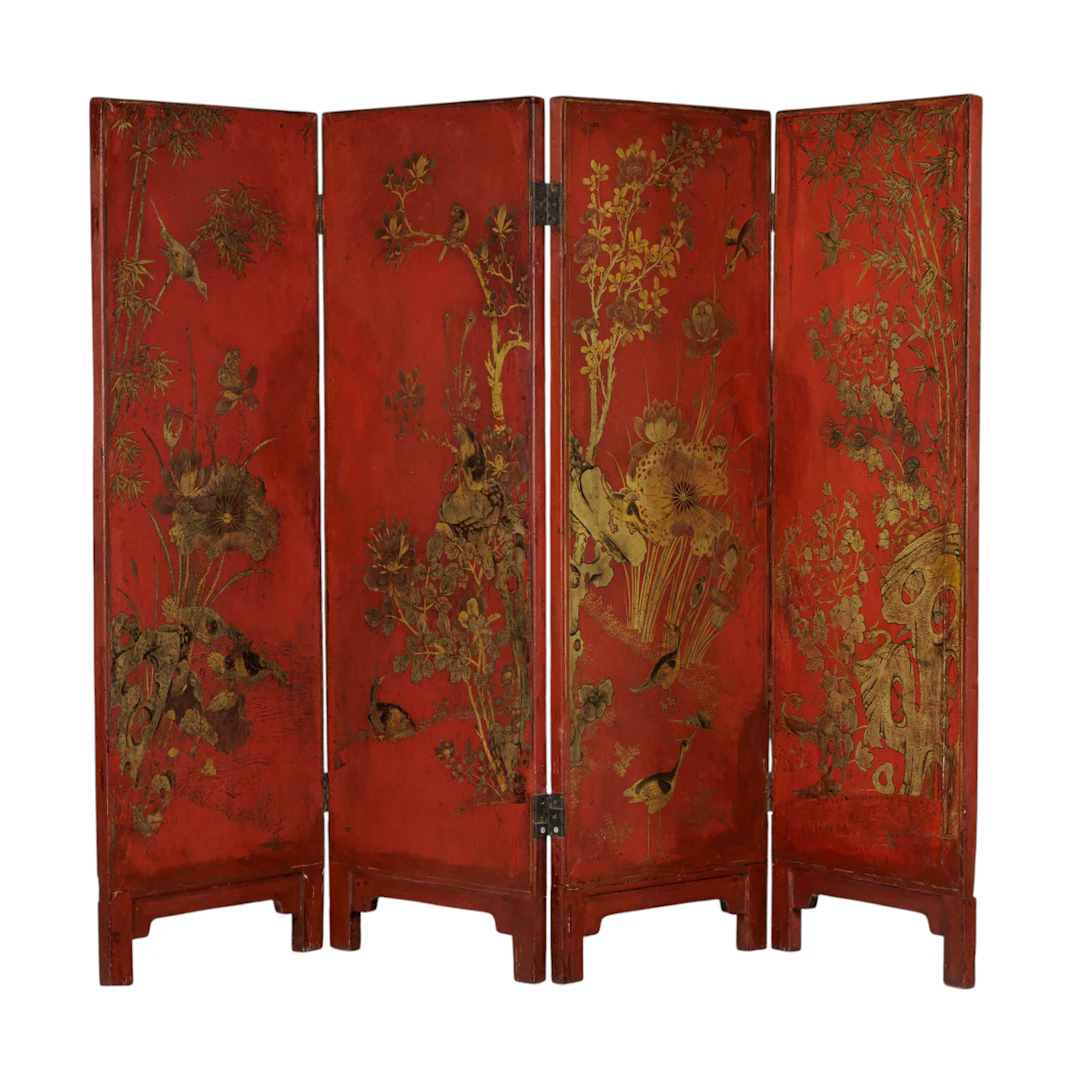 A Chinese four-panel lacquered red-ground folding screen