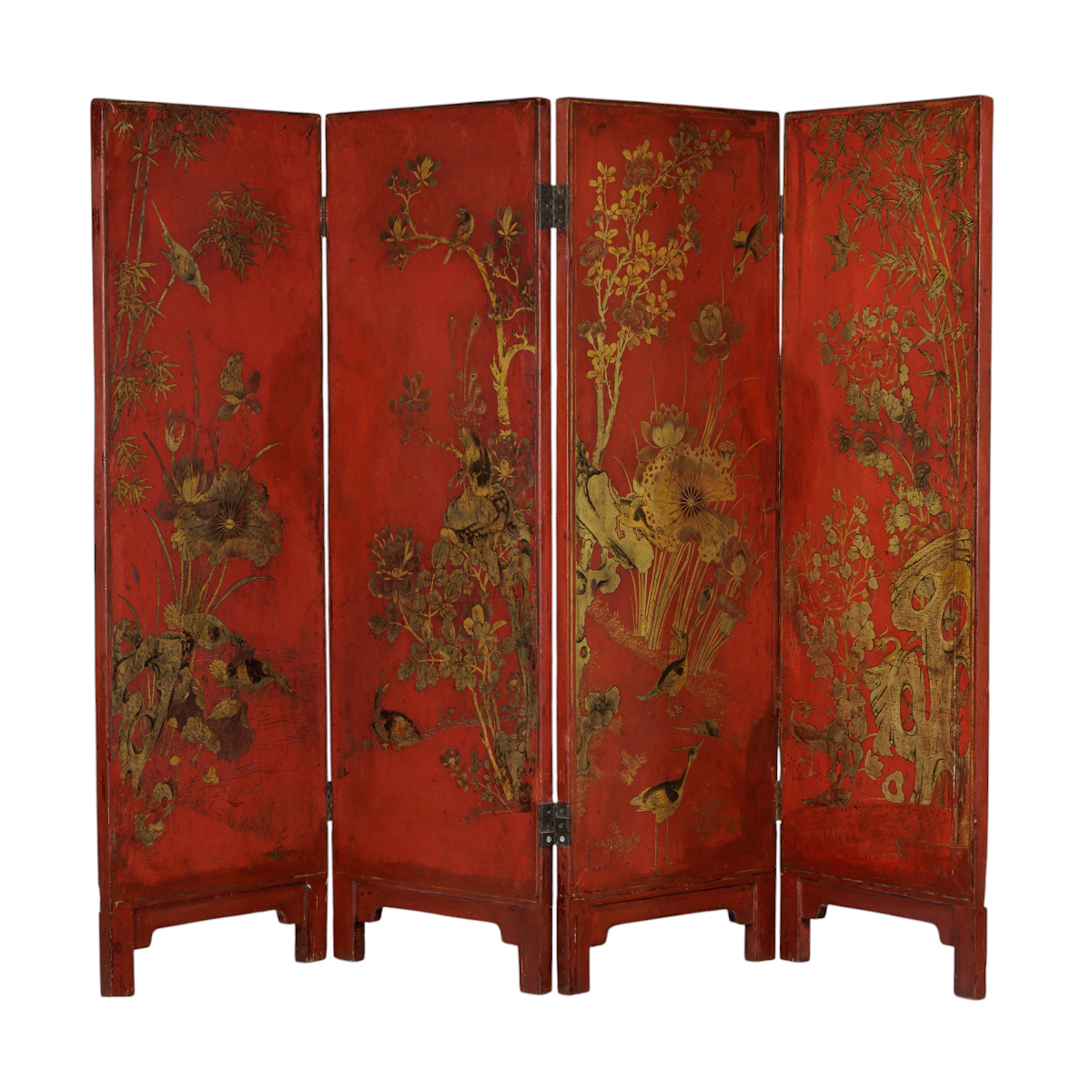 A Chinese four-panel lacquered red-ground folding screen