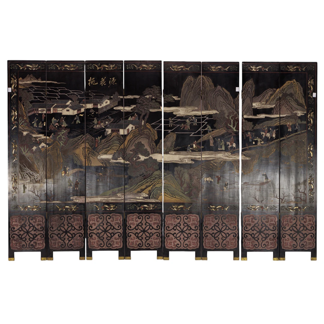 A Chinese eight-panel black lacquer coromandel style folding screen