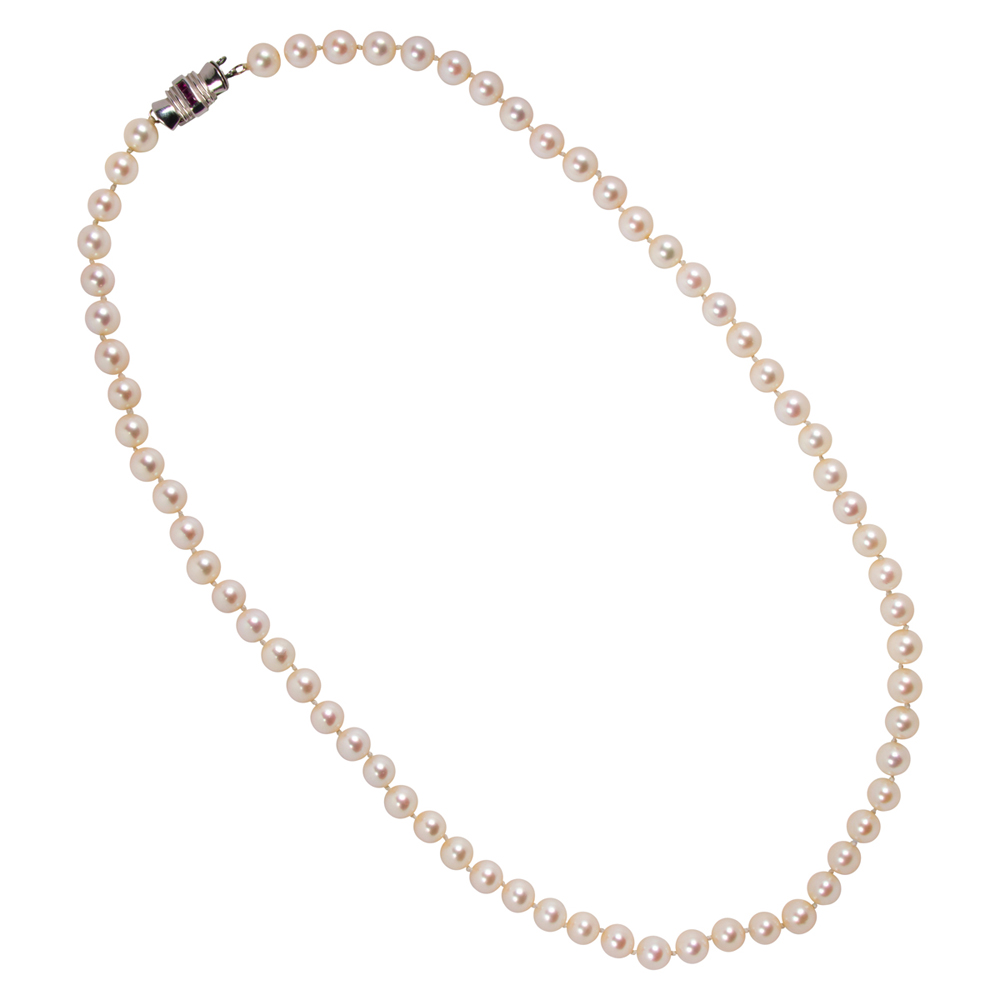 A cultured pearl, ruby, and 14k white gold necklace