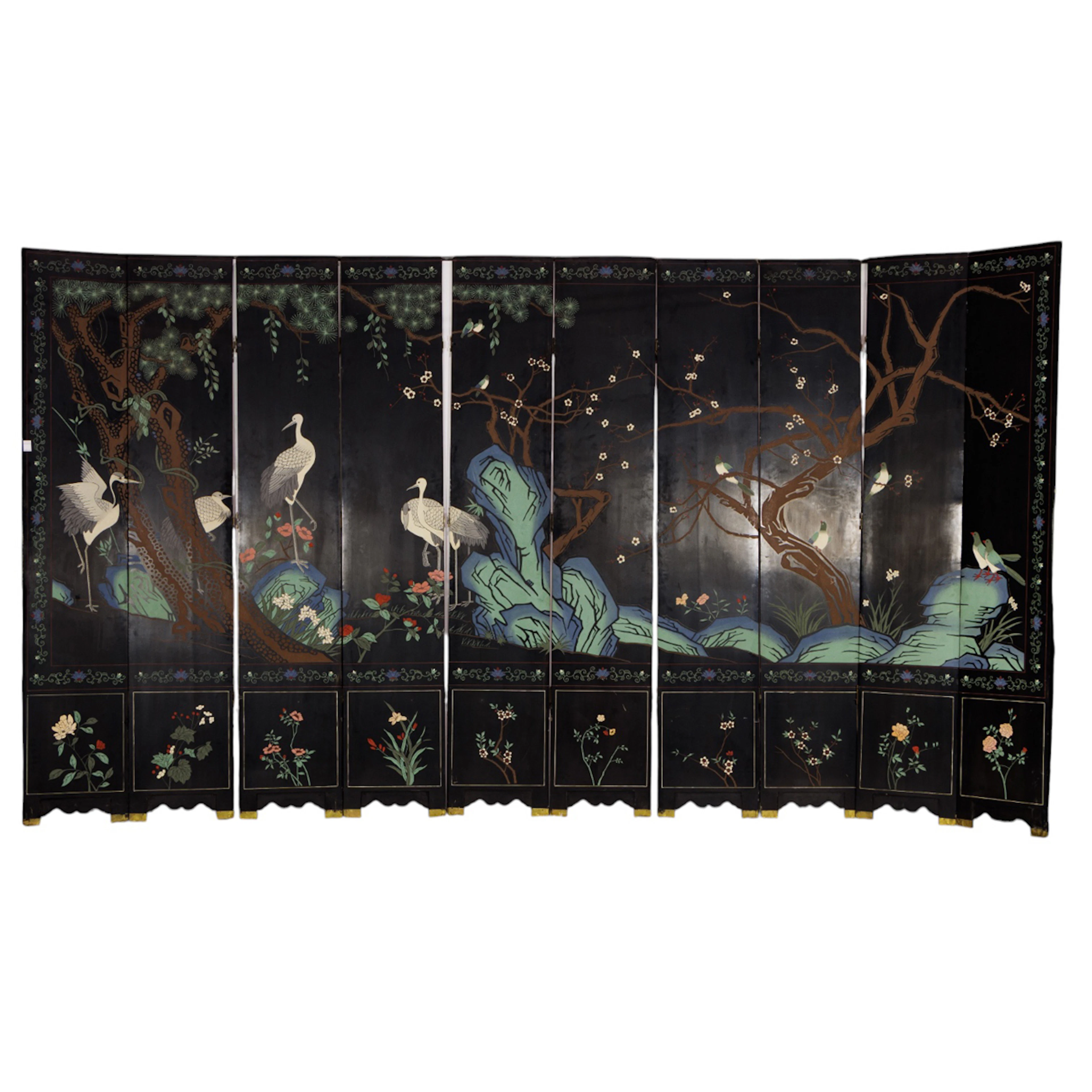 A Chinese ten-panel black lacquer coromandel style folding screen